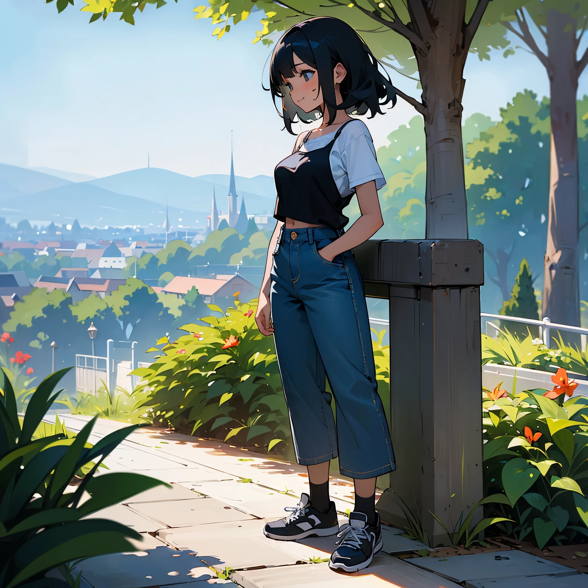 (high quality, High resolution, Very detailed, reality:1.37), Peaceful atmosphere, (Outdoor, garden), Teenage girl standing alone, (my breasts are big.), Beautiful details, Cute Smile, (Black bob hair), camisole, Denim pants, Blue socks, sneakers.