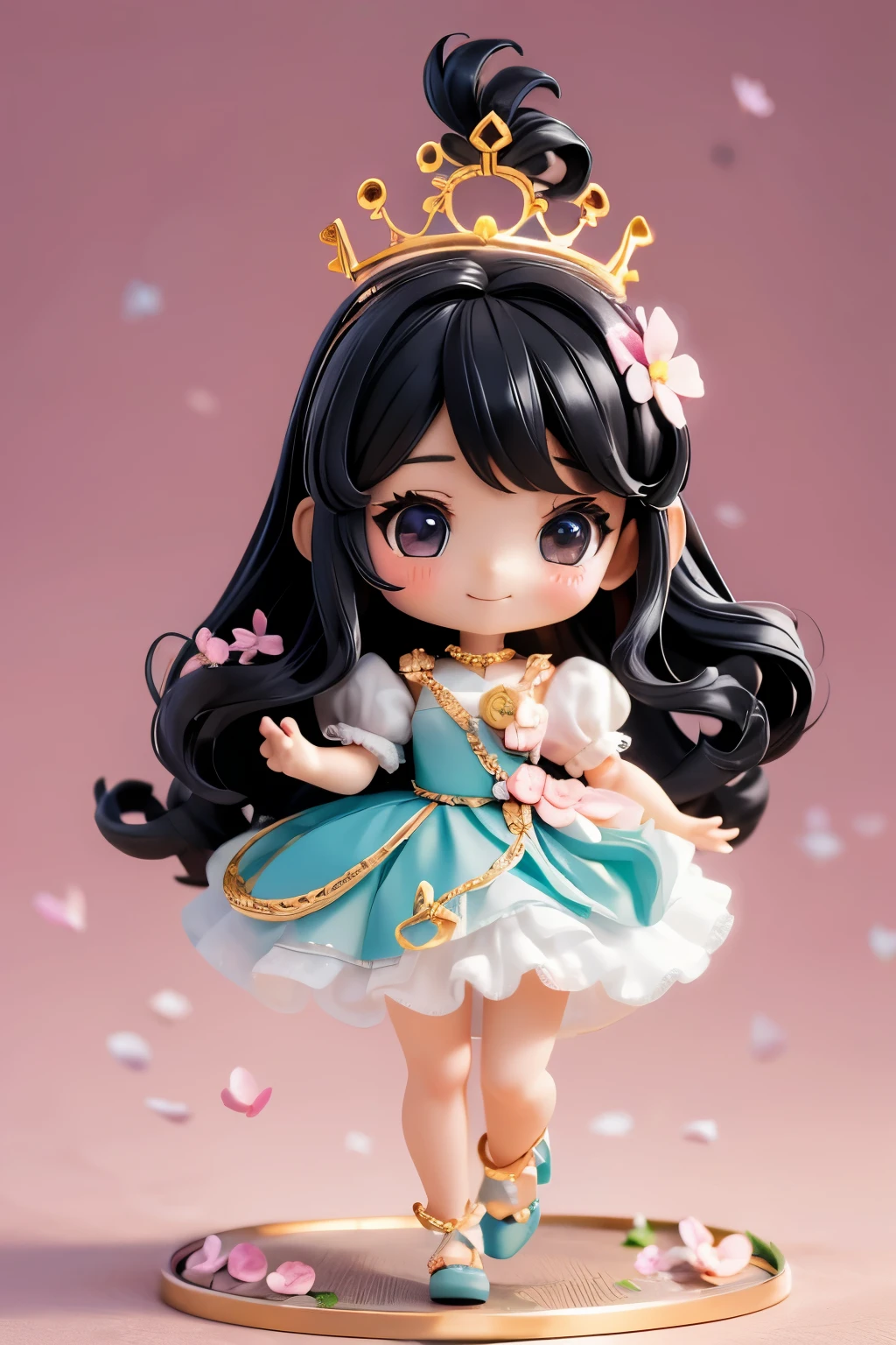 Photorealistic、Chibi Girl Doll(Wearing a crown of clover flowers、Delicate petals、Adorable shoes、Clover Field、smile、Black Hair、Dynamic Pose)