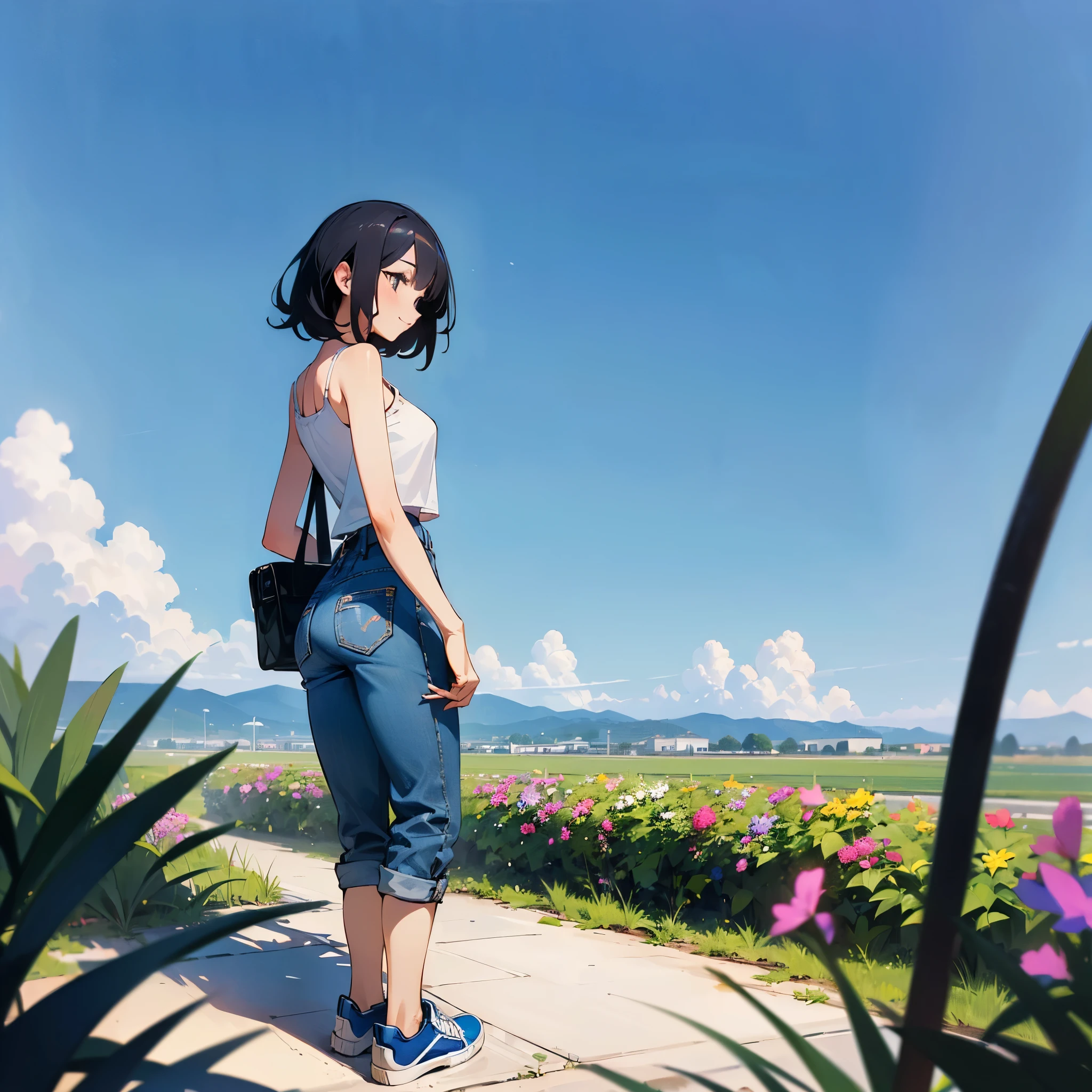 (high quality, High resolution, Very detailed, reality:1.37), Peaceful atmosphere, (Outdoor, garden), Teenage girl standing alone, (my breasts are big.), Beautiful details, Cute Smile, (Black bob hair), camisole, Denim pants, Blue socks, sneakers.