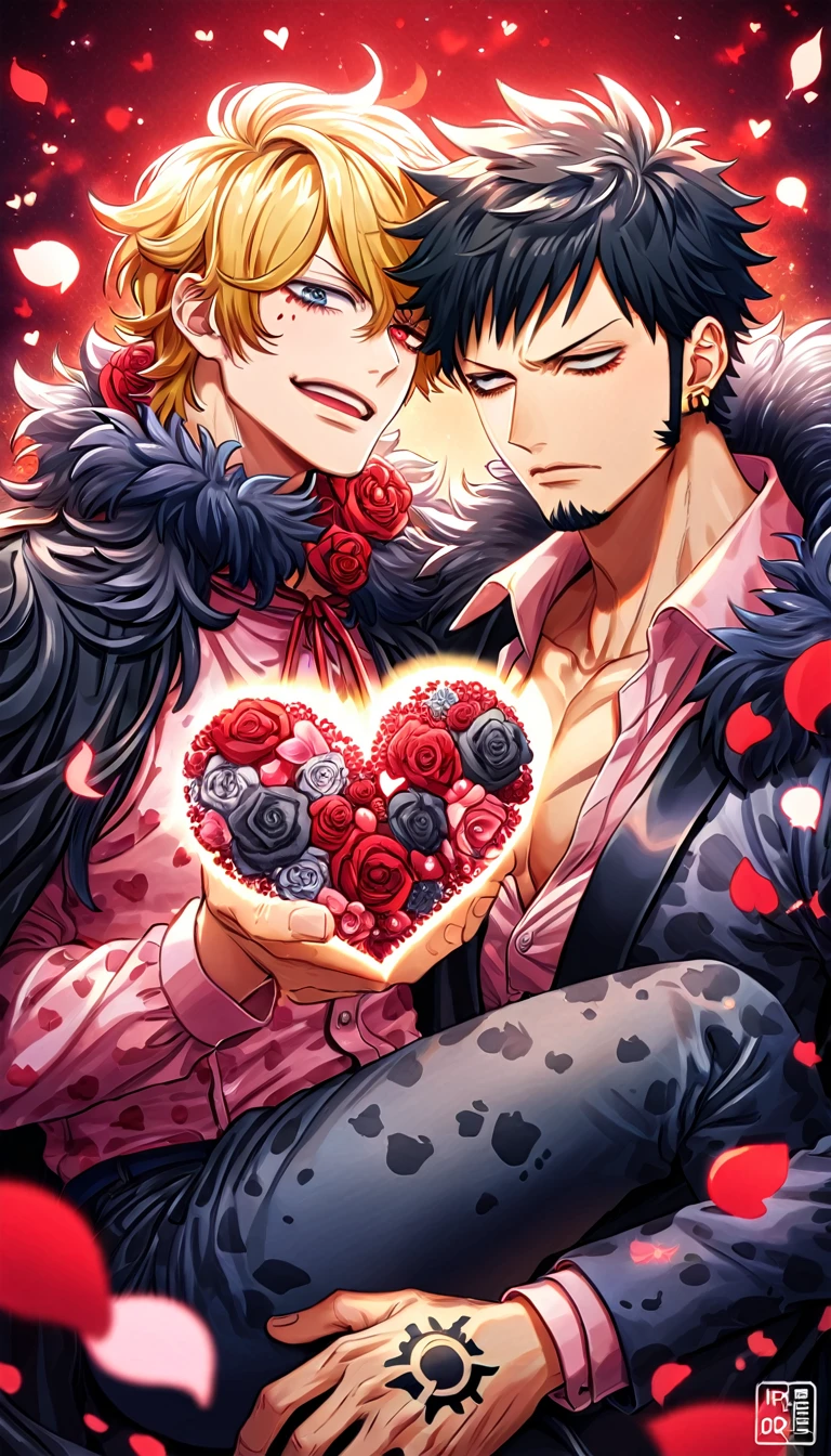 absurdres, highres, ultra detailed, HDR, master piece, best quality, Donquixote Rosinante Corazon, expressive red eyes, blonde hair, One Piece, Trafalgar Law, black hair, expressive gray eyes, two sexy men together, gay couple, yaoi, handsome, black fur cape, pink shirt with heart patterns, black coat, magical, fantasy, red roses, red butterflies, red petals, red sky
