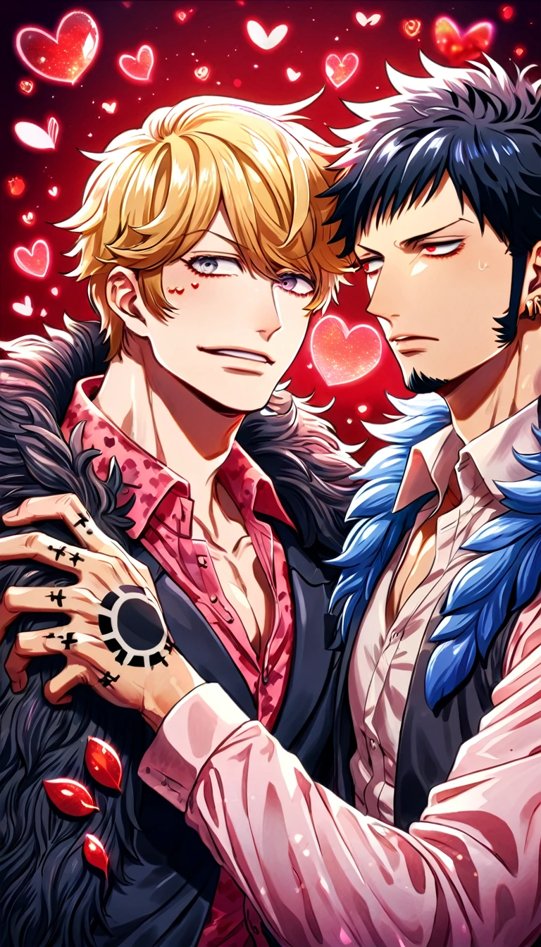 absurdres, highres, ultra detailed, HDR, master piece, best quality, Donquixote Rosinante Corazon, expressive red eyes, blonde hair, One Piece, Trafalgar Law, black hair, expressive gray eyes, two sexy men together, gay couple, yaoi, handsome, black fur cape, pink shirt with heart patterns, black coat, magical, fantasy, red roses, red butterflies, red petals, red sky