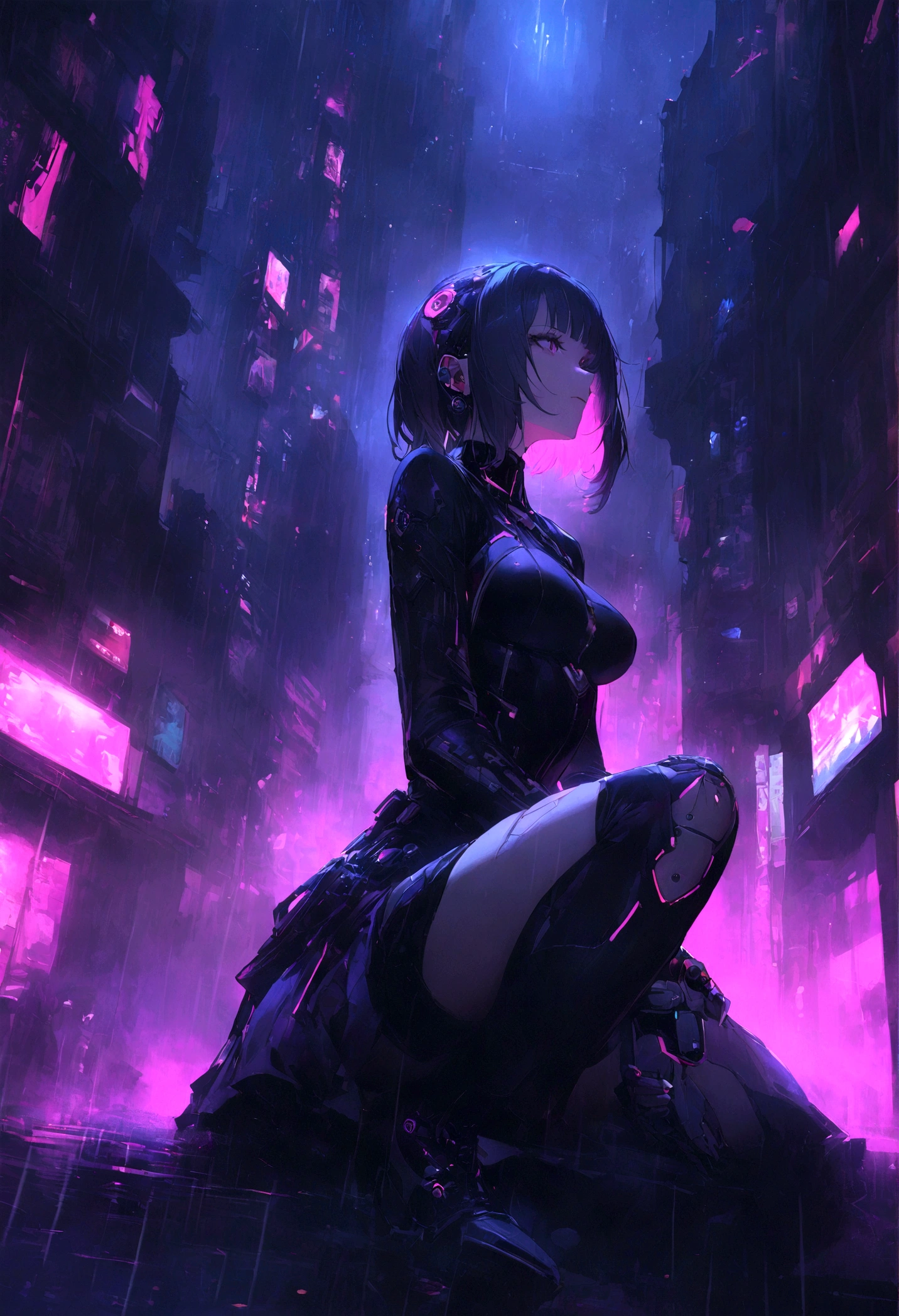 highest quality、masterpiece、cyber punk、City of night、Sitting on high ground、One Woman、it's raining