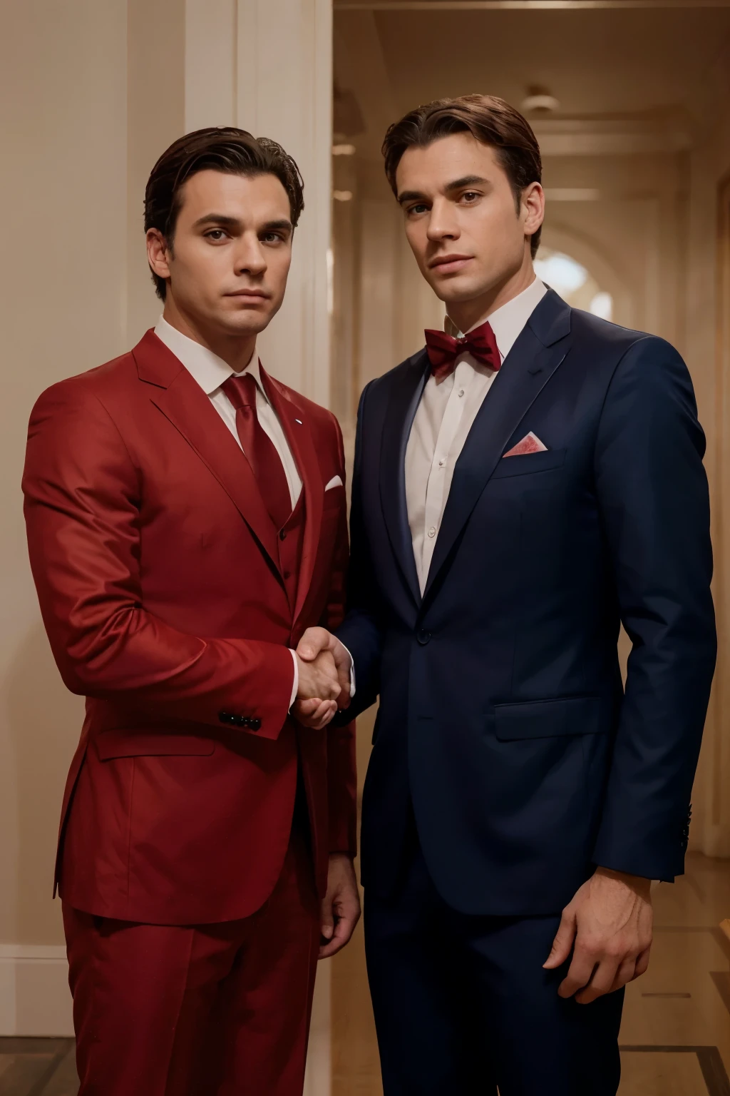 two men in suits shaking hands, the image shows in greater focus the hands of both. The idea to show two opposing sides of opinion, In other words, each person will be wearing clothes of opposite colors., the one on the left will be wearing an all-red suit, the one on the right with the suit all in blue, a formal environment that references politics, o rosto de ambos simula o duas caras do universo do batman.