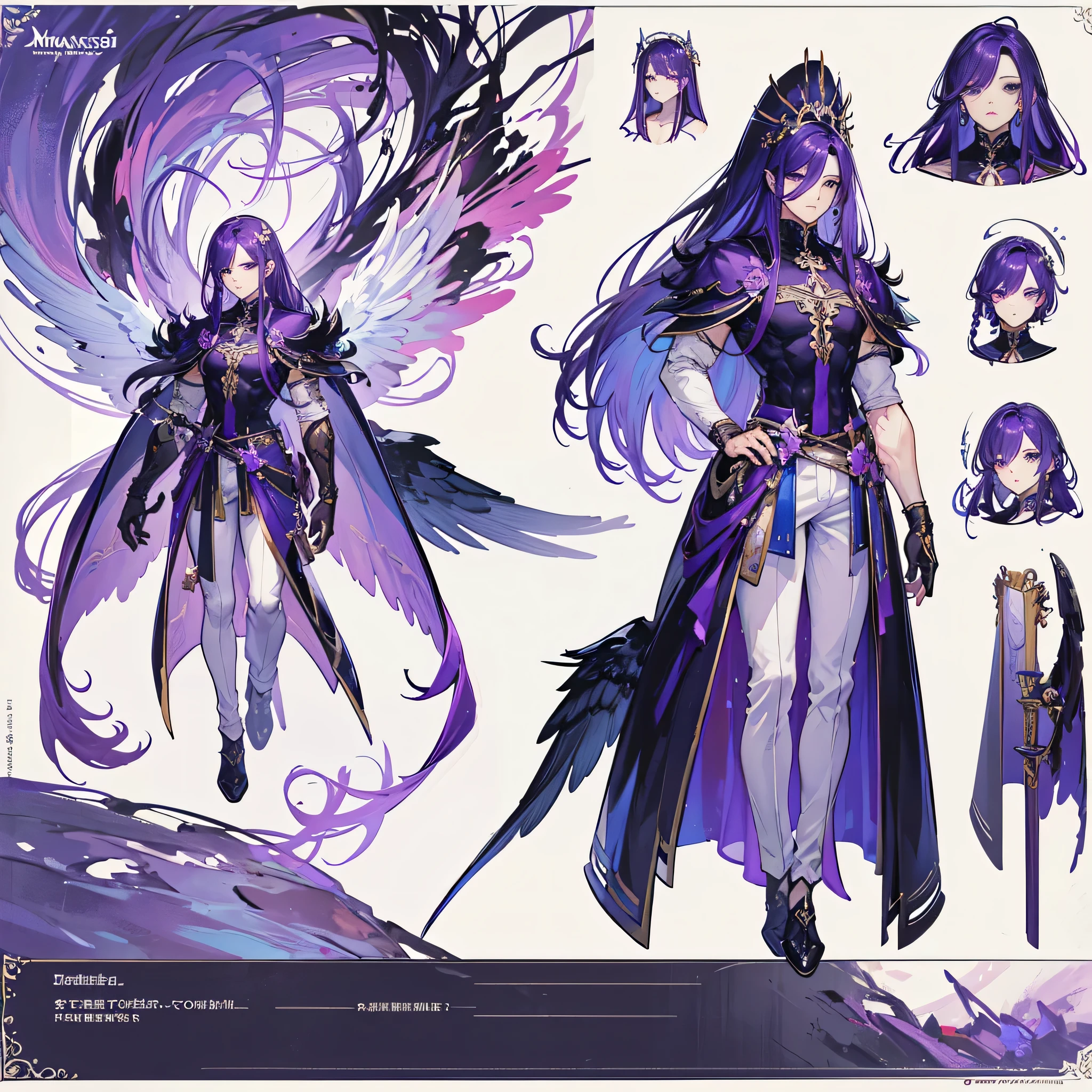(Masterpiece, best quality), detailed, 1 man, ((character concept art)), ((character design sheet, same character, front, side, back)), full body, body complete, 1 Male, 1 Man, Detailed face, character design sheet,full bodyesbian, Highly detailed, character sheet, character design, Many parts, dark skin, angel wings, long purple hair, angel outfit, muscle male god, masculine, muscle man, male muscle, manly, male angel, Muscle male with purple long hair,handsome man, abs, pectoral muscle