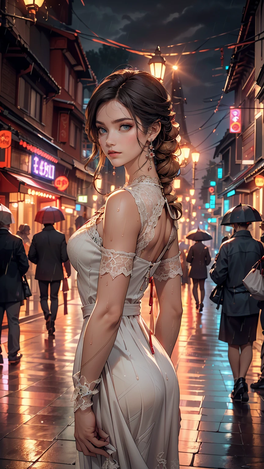 ((highest quality, 8k, lace maxi dress, Standing in the rain, Red Light District, Highly detailed face and skin texture, Fine grain, double eyelid.)