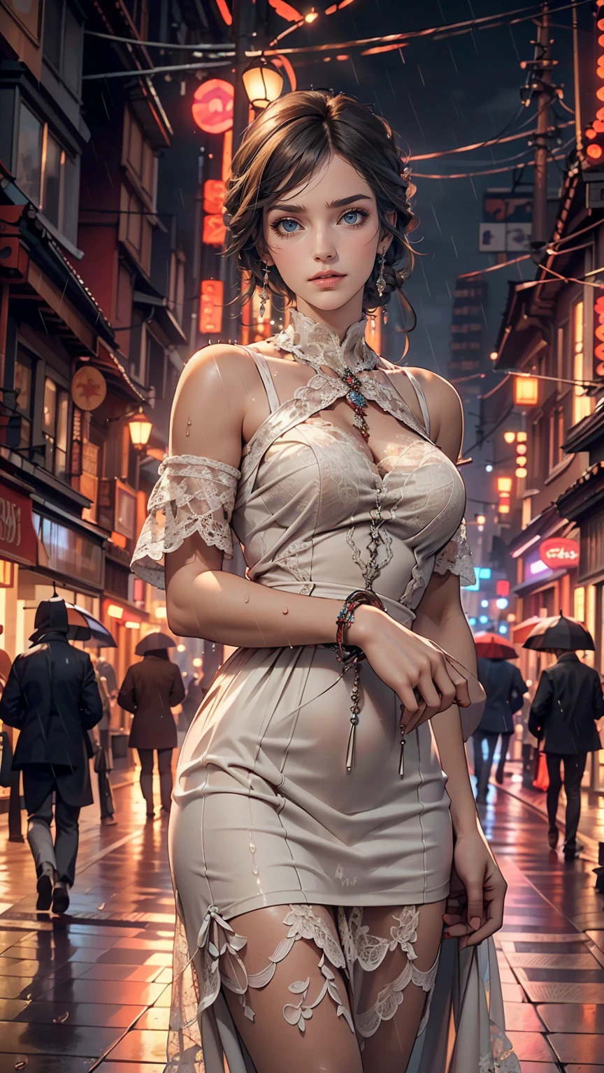 ((highest quality, 8k, lace maxi dress, Standing in the rain, Red Light District, Highly detailed face and skin texture, Fine grain, double eyelid.)