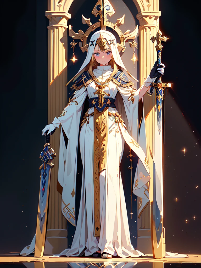 Design a layout showcase Gaming character, (1girl). White+Gold clothes, divine and radiant, ((showcase weapon:1.4)), holy staff, (masterpiece:1.2), (best quality), 4k, ultra-detailed, (Step by step design, layout art:1.5), (heavenly lighting, divine atmosphere), priestess, ((holy gloves)), (((revealing vestments:1.3))), blessed vambraces, golden sandals, (((full_body_shot:1.4)))
