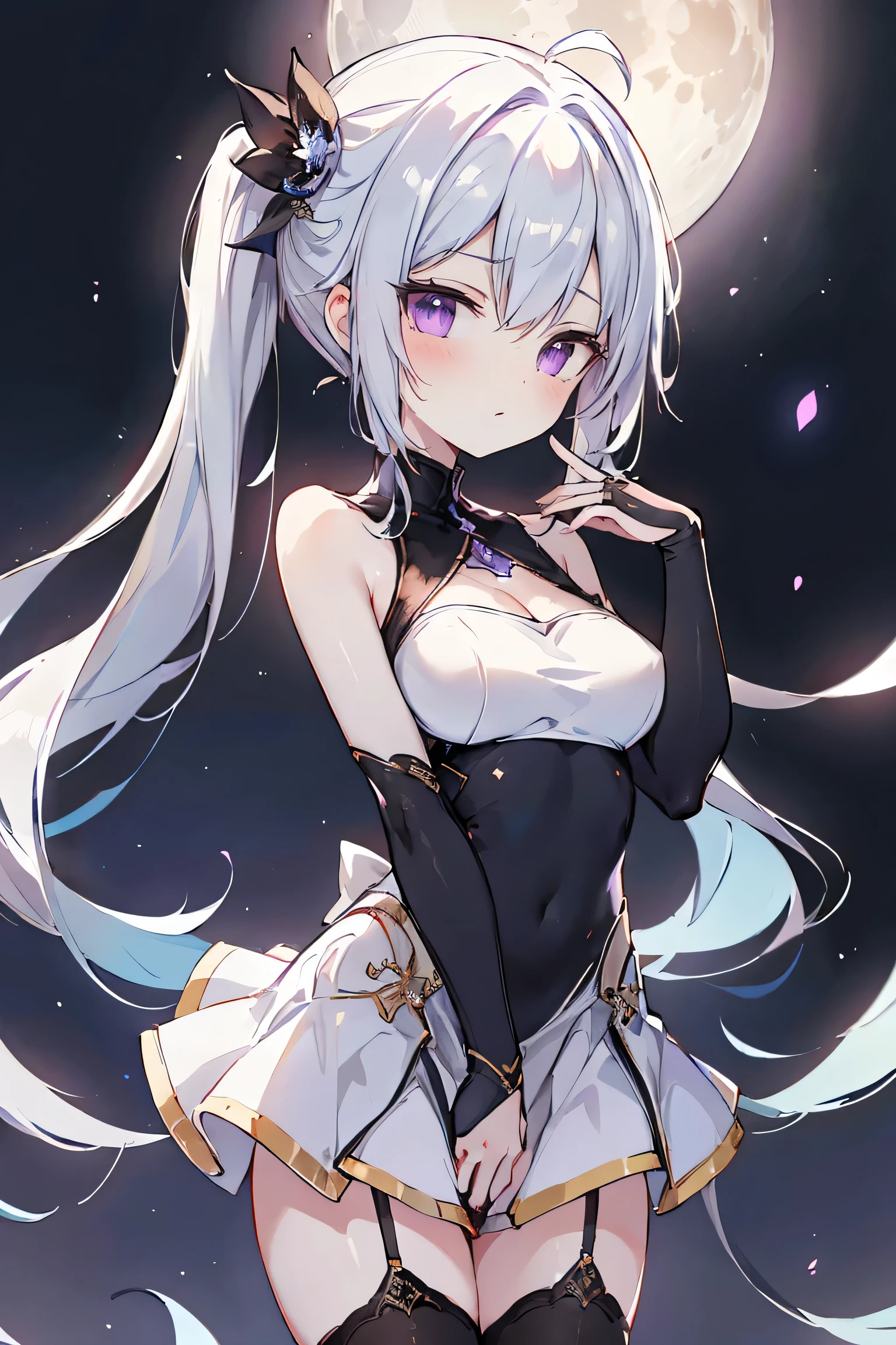 1girl, anime, cute girl, blank background, white background, fantasy, detailed fantasy dress with highlights, beautiful face, beautiful eyes, dark colors, black hair with multicolor streaks, red eye with different color pupil in eye, multicolor eye, medium breasts, slight cleavage, beautiful skin, cute, breast curtains, extremely delicate and beautiful, (beautiful detailed face:1.0), (detailed deep eyes), symmetrical breasts, deep eyes, shiny skin, portrait, slender waist, hips wider than shoulders, thighs, expressionless, young girl, luminous eyes, adorable,(Kpop idol),(aegyo sal:1),(Platinum blonde hair:1),((puffy eye)),Black panty,sexy posture,Superskirt, Ultra-high resolution,Black collar,slim figure, Abdominal y tattoo, womb tattoo,Tight-fitting leg ring,y tattoo on half-body,Bare skin, Armored hand,Hidden fingertips,Hand covered,Arm covered,Fist covered,{{beautiful detailed fingers}}, tufts of hair, moderate beautiful breast:1.0,(masterpiece:1.2), best quality, high-res, HDR, perfect face, intricate armor, delicate blue filigree, intricate filigree, red metalic parts, detailed part, dynamic pose, dynamic lights, cute face, neutral expression, shuimobysim, lotus, hanfu, maxi skirt, dress conservatively 1girl, solo, long blue hair, standing, One lady,14years,((White hair) ,(Shiny purple bodysuit with microskirt),((Fantasy, Moon Night)), gradient_eyes,
