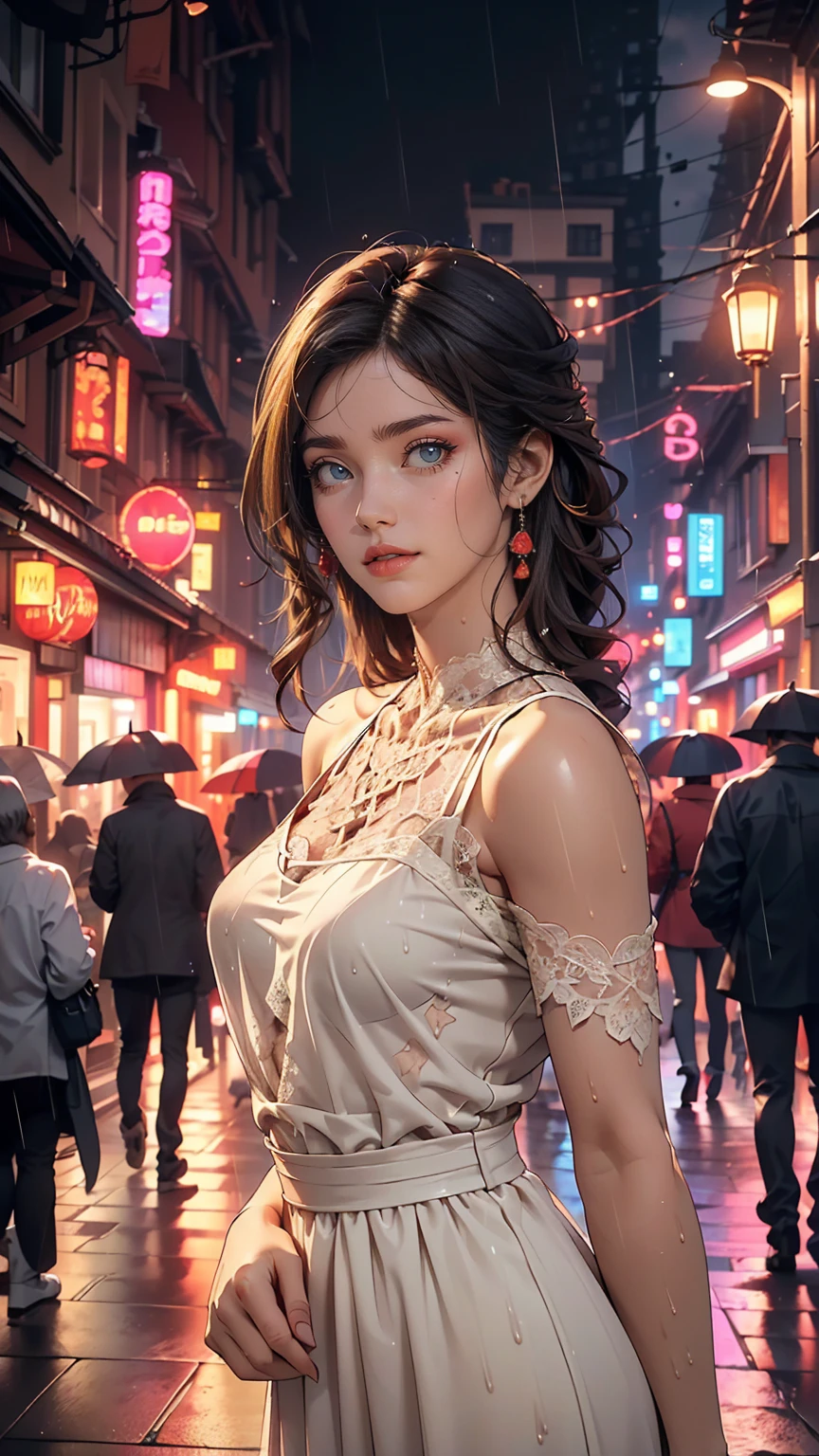 ((highest quality, 8k, lace maxi dress, Standing in the rain, Red Light District, Highly detailed face and skin texture, Fine grain, double eyelid.)