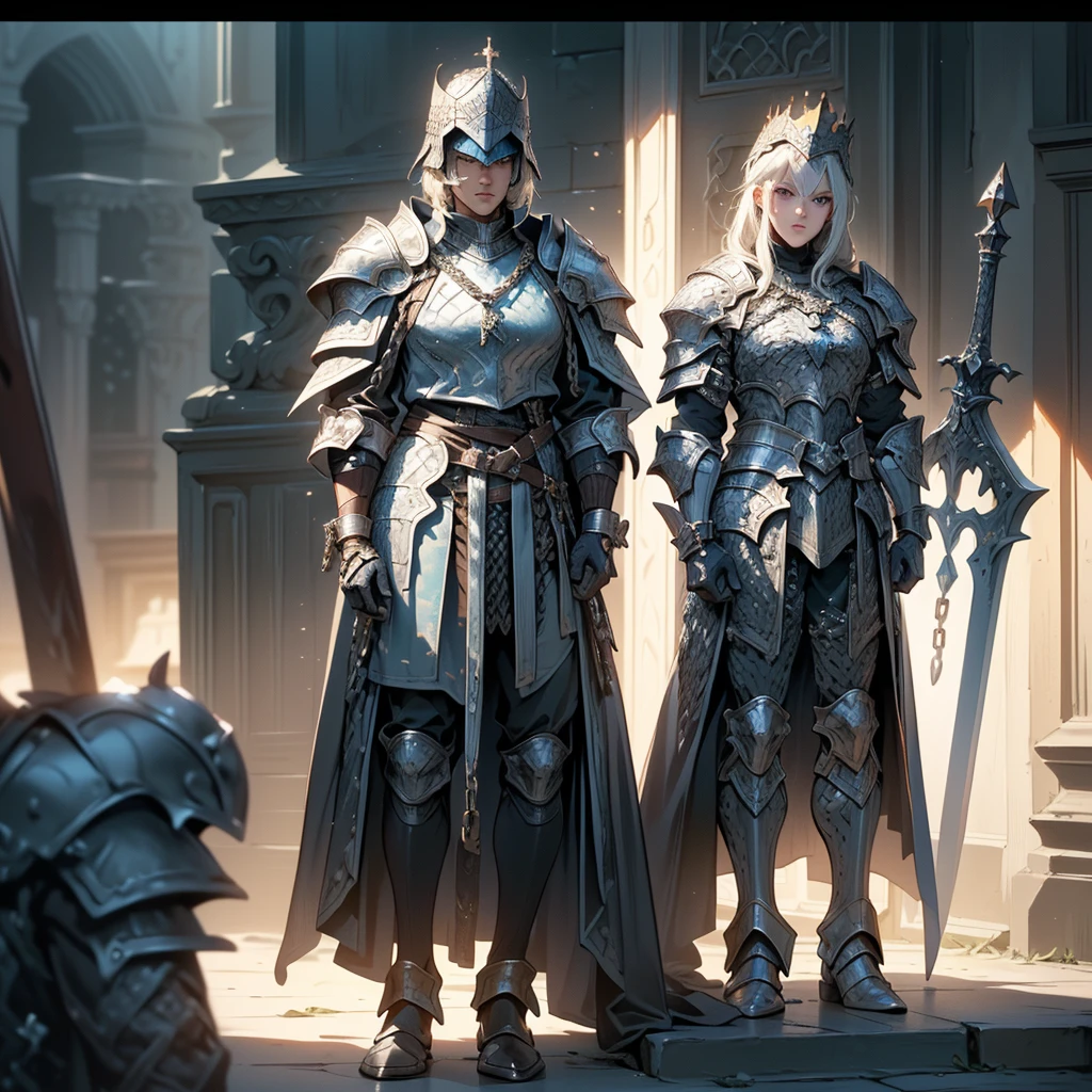 Dragon Lord, two extremely detailed swords, one in each hand, one longer than the other, an extremely detailed black steel dragon head helm on the shoulder with a closed visor, highly detailed black steel shoulder pads modeled after dragon heads with shimmering silver ornaments, a gray one lying on top Cloak featuring an ultra-highly detailed cloak, ultra-highly detailed ruffled gray dragon wings, insanely realistic graphics, insanely detailed detailing, ultra-realistic and highly detailed heavy black star armor with shiny, magnified shiny silver ornaments and and a gray tunic, extremely detailed heavy black steel gloves and boots with reinforced shiny silver Ornaments, the light is reflected on the ornaments, smoldering ash floats from torches from the left to the right corner of the arched aisles, when walking through the cathedral,