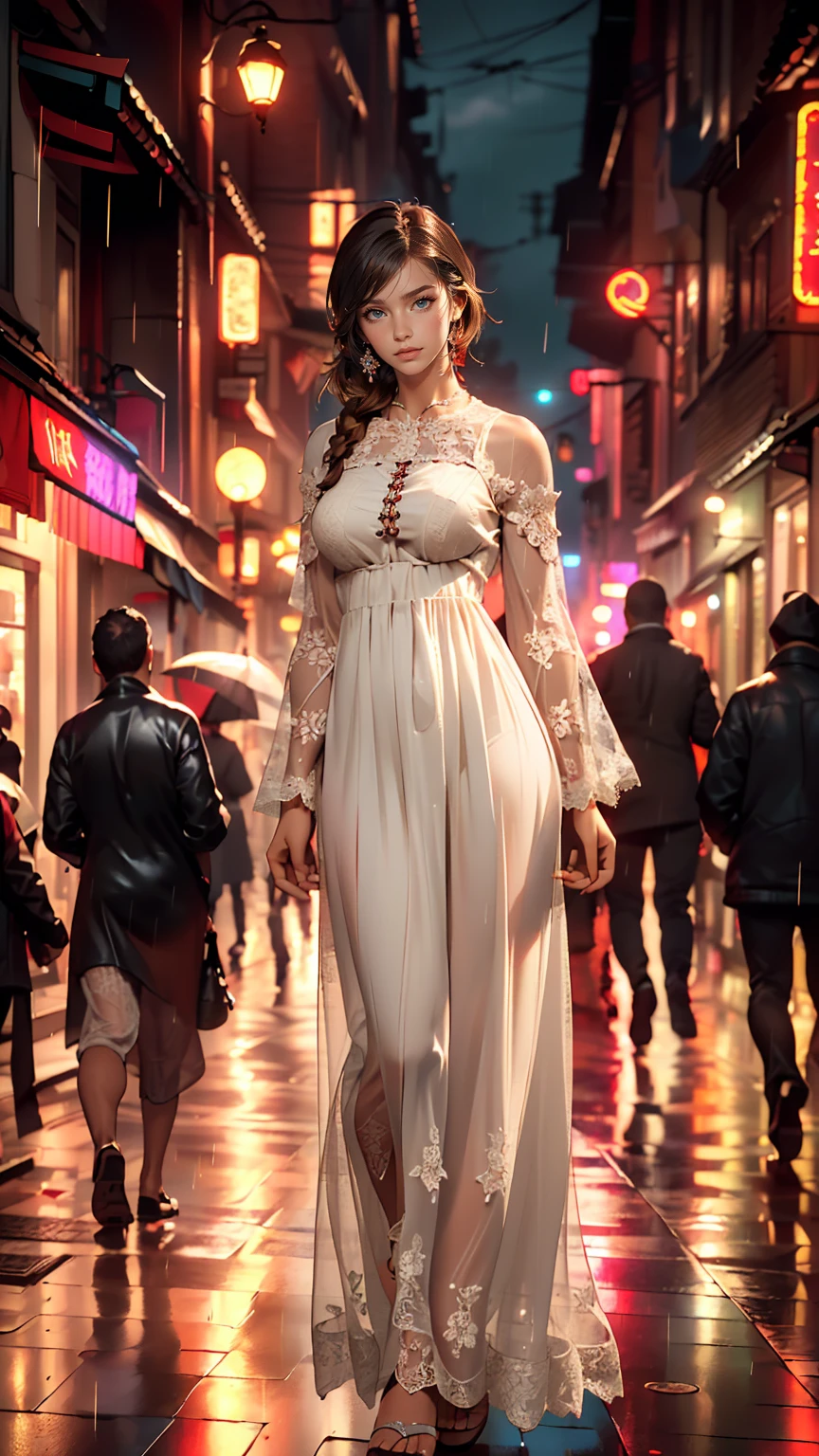 (8k, RAW photo, best quality, mastery:1.2), (realistic, photo-realistic:1.37),1girl,cityscape, night, rain, wet, professional lighting, photon mapping, radiosity, Chinese Doll,torn,chemise, large Image breasts, nurses, wedding dresses --auto