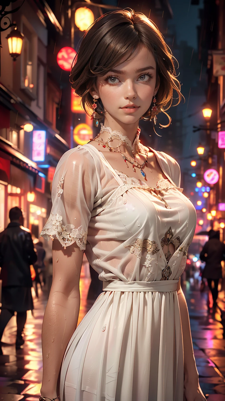 ((highest quality, 8k, lace maxi dress, Standing in the rain, Red Light District, Highly detailed face and skin texture, Fine grain, double eyelid.)