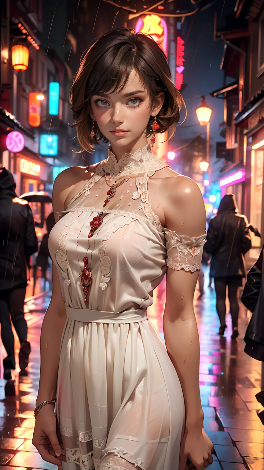 ((highest quality, 8k, lace maxi dress, Standing in the rain, Red Light District, Highly detailed face and skin texture, Fine grain, double eyelid.)