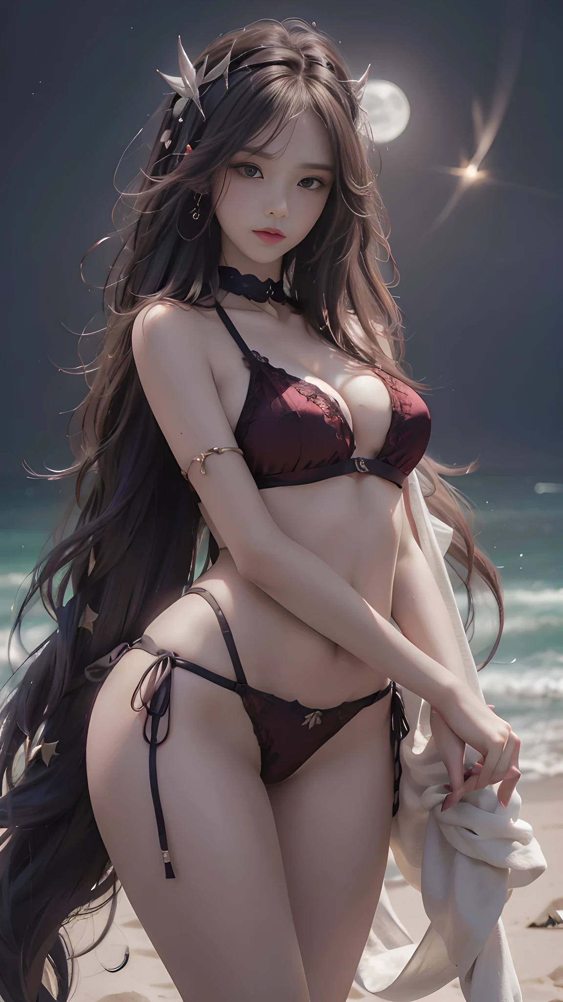 full hd 8k, Girl standing in front of a dark night scene, full moonlight reflecting on her beautiful face. Her long, silky hair was gently blown by the night wind, creating a gentle and romantic feeling. She is walking on a large beach. She looked up at the starry sky, as if searching for something, her eyes showing a pensive and lonely look. The full moon shines in the night sky creating a beautiful scene. The girl has long, silky hair, creating a luxurious and noble beauty. The moonlight shines on the girl's delicate face, highlighting her large, round light brown eyes, creating a natural, gentle beauty. She wore a little sexyly red bikini to create a sexy beauty. Her plumble breasts were exposed, revealing her plumble and extremely sexy breasts. These images capture detailed panoramic portraits and views of the sky and sea. All create a beautiful, wonderful picture that makes people unable to take their eyes off the scene. All of these details are depicted clearly and sharply, creating sexyly poses,