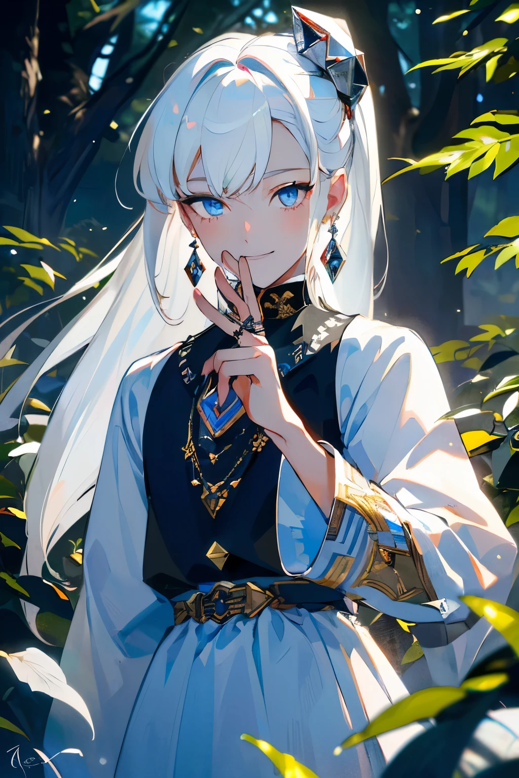 (masterpiece), (((highest quality)), (Very detailed), 1 boy,Wolf Hair, (White Hair,  Half Black、Half white: 1.2), 17 years old, Outdoor, bangs, smile, Sky blue eyes, Perfect hands, Hand Detail, Modified fingers. Earrings, Night Forest, highest quality, Rich details, Perfect image quality,