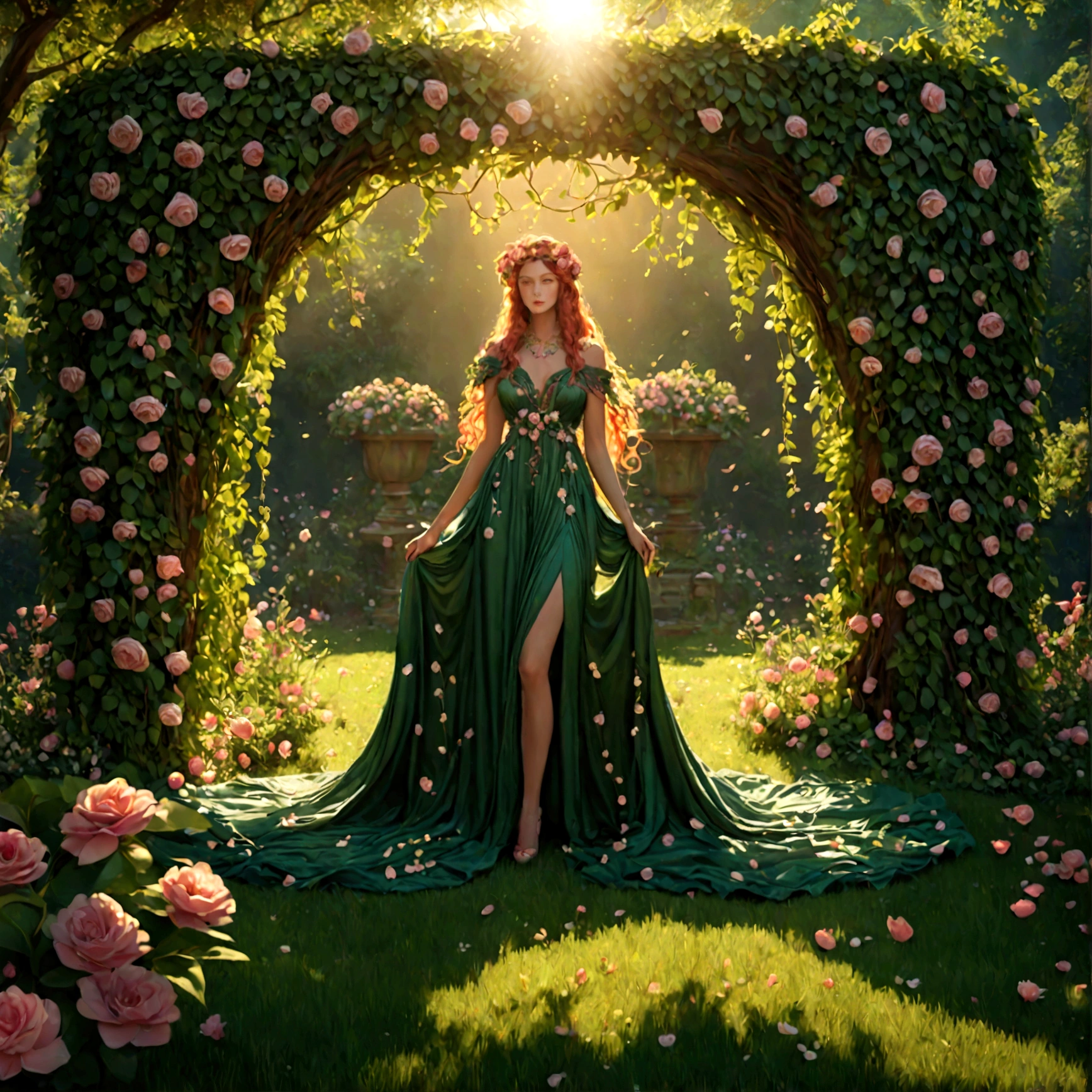 a goddess persephone, elegant intricate floral dress, flowing greenery leaves vines, blooming flowers, lush verdant garden setting, dramatic dramatic lighting, dramatic cinematic atmosphere, hyperrealistic, photorealistic, 8k, ultra-detailed, masterpiece, cinematic lighting, dramatic colors, vivid colors, dramatic shadows, dynamic pose