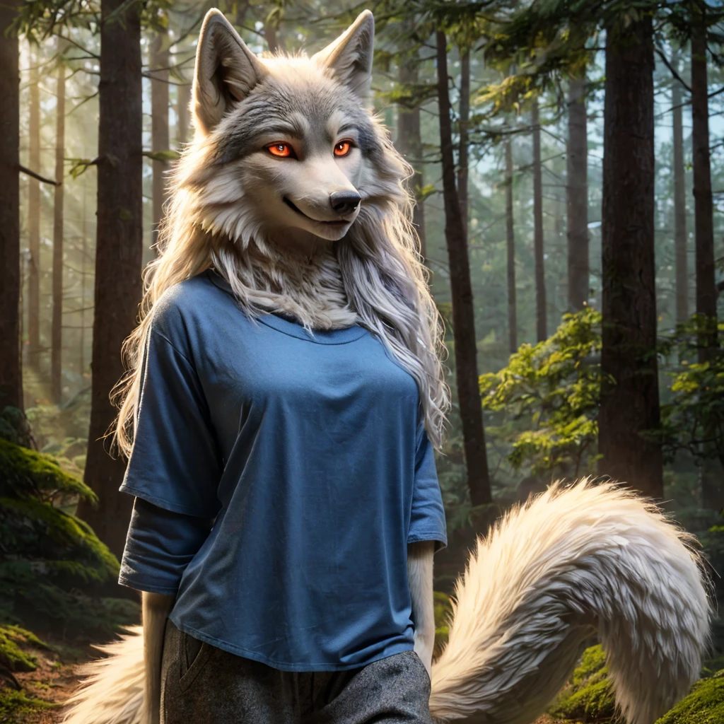 Posing, Female, 30 years old, cute, eyeliner, long hair, biting lip smile, blue shirt, bedroom eyes, anthro, wolf ears, (white fur:1.5), baggy shirt, wolf, forest background, 8k, hi res, (best quality, masterpiece), red glowing eyes, (wolf tail:1.5), (detailed fur:2.0)