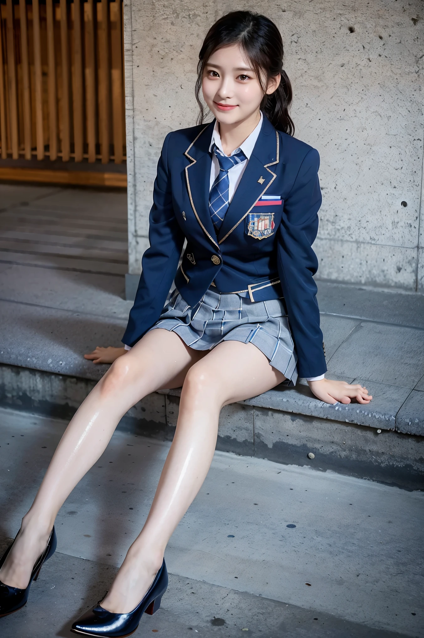 (8k), (highest quality: 1.2), (Realistic), (Realistic: 1.37), Ultra-high resolution, (1 girl), cute, blush,Embarrassed smile, Beautiful details, Beautiful Nose, Wet Hair, Giant Dulcefo, pork, Thighs，Self Snap,University Uniforms,(A simple navy blue blazer:1.4),(Pleated skirt:1.2),(The skirt and tie are gray tartan check pattern.:1.3),(Sitting:1), Sit on the ground,(Hold my feet:1),(Shiny legs:1.2),from the front,knees