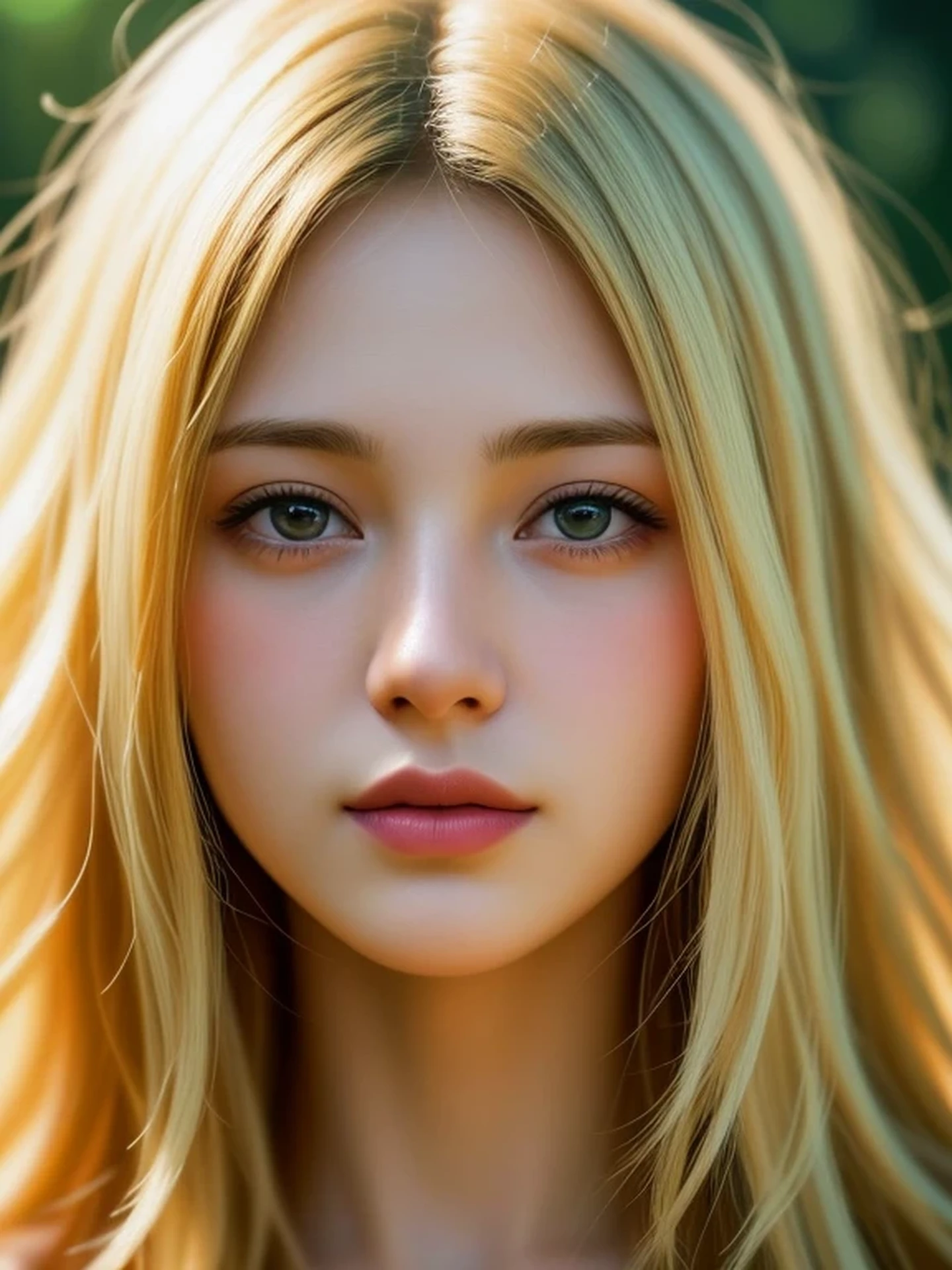 Close-up head, To the camera, Realistic digital painting of a woman portrait, Shy,  open mouth to say something, sad, (Wavy medium Hair:1.1), (Soft silky Blonde Hair:1.3), (Highly detailed skin:1.2), Mystical style, Global Illumination,