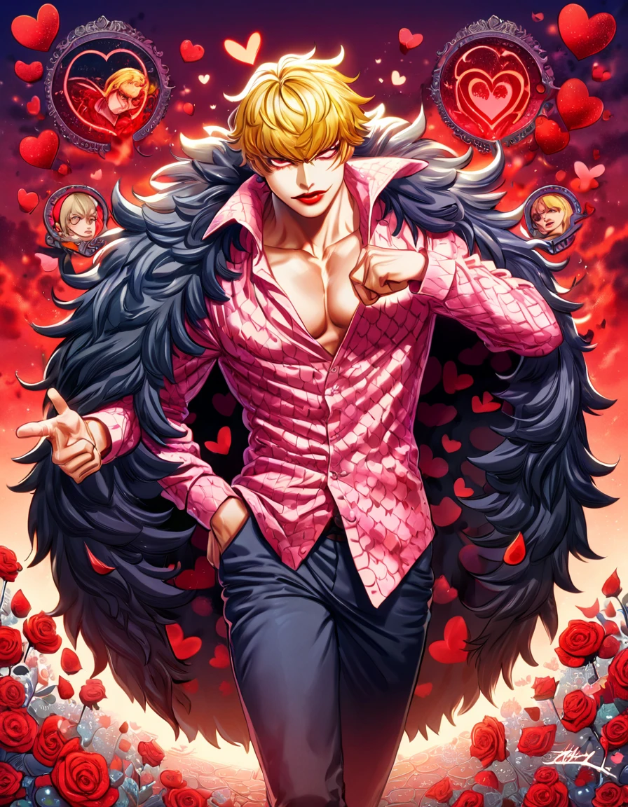 absurdres, highres, ultra detailed, HDR, master piece, best quality, Donquixote Rosinante Corazon, expressive red eyes, blonde hair, One Piece, solo, y man, handsome, red lips, black fur cape, pink shirt with heart patterns, magical, fantasy, red roses, red butlies, red petals, red sky
