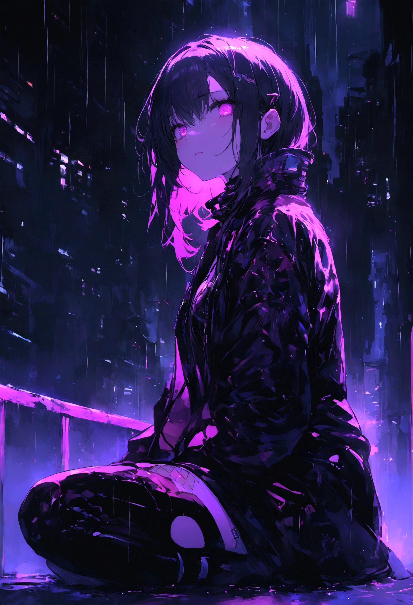 highest quality、masterpiece、cyber punk、City of night、Sitting on high ground、One Woman、it's raining