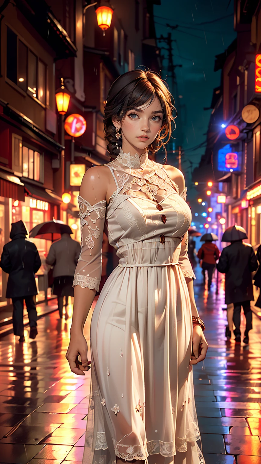 ((highest quality, 8k, lace maxi dress, Standing in the rain, Red Light District, Highly detailed face and skin texture, Fine grain, double eyelid.)