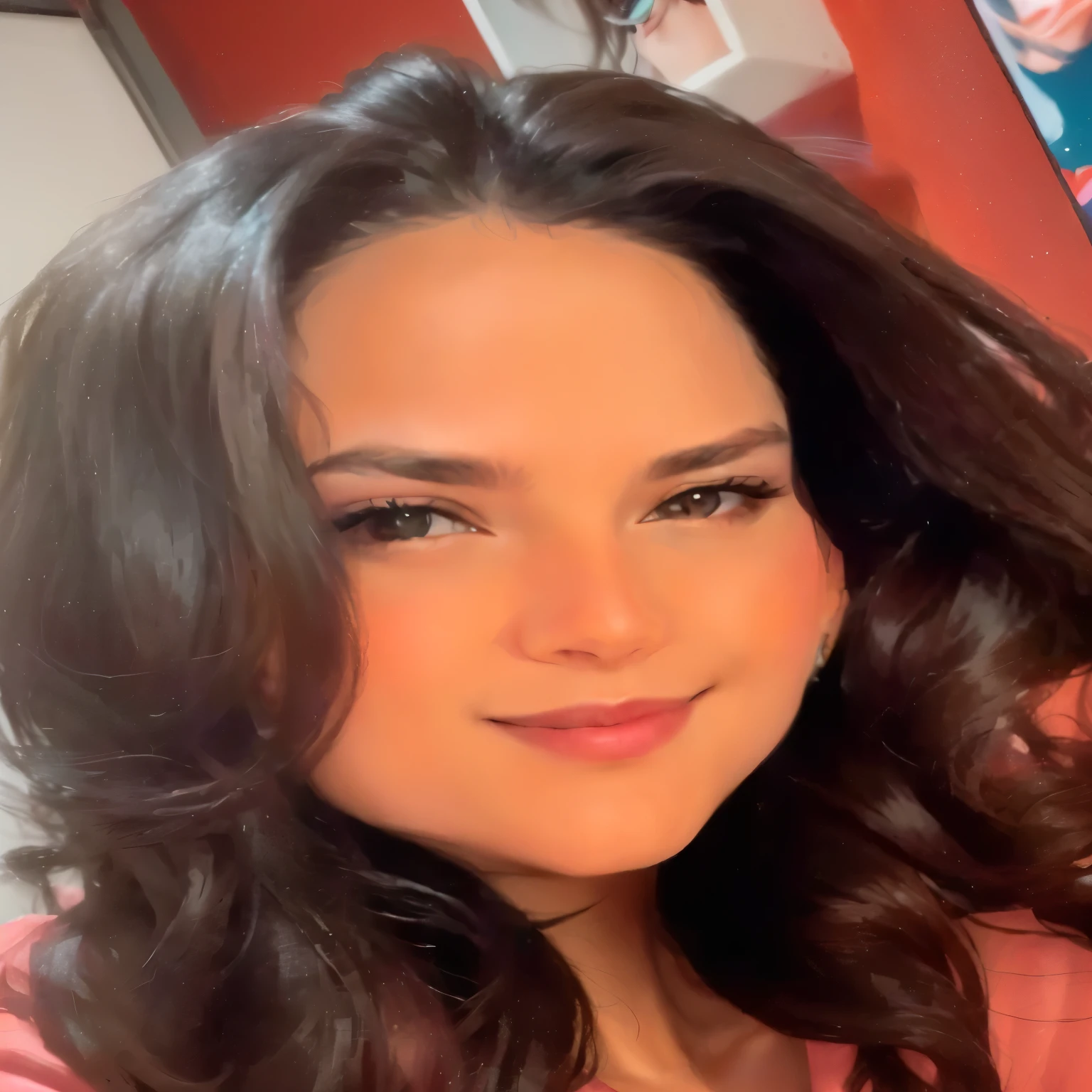 there is a woman with long hair and a pink shirt, headshot Foto do perfil, Alanis Guillen,  post, Foto do perfil, headshot, inspired by Gina Pellón, rosto redondo completo, imagem de perfil, queixo redondo, 💋 💄 👠 👗, close up of the head, taken at the beginning of 2020, farida malik