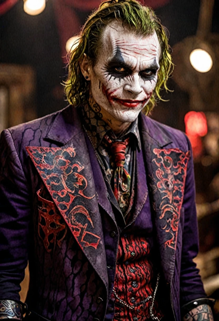 (Highest Quality, 4k, masterpiece, Amazing Details:1.1), wearing wear out circus_clothes, Shallow Depth of Field, E671, lens 50mm f/2.0, ((male_demon_magician_hell)), (((demon:1.3))) pircings, joker Dark knight,tattoos, red glowing snake eyes, (photorealistic) (RAW Photo), angry, evil smile, ((gothic circus)),, undefined