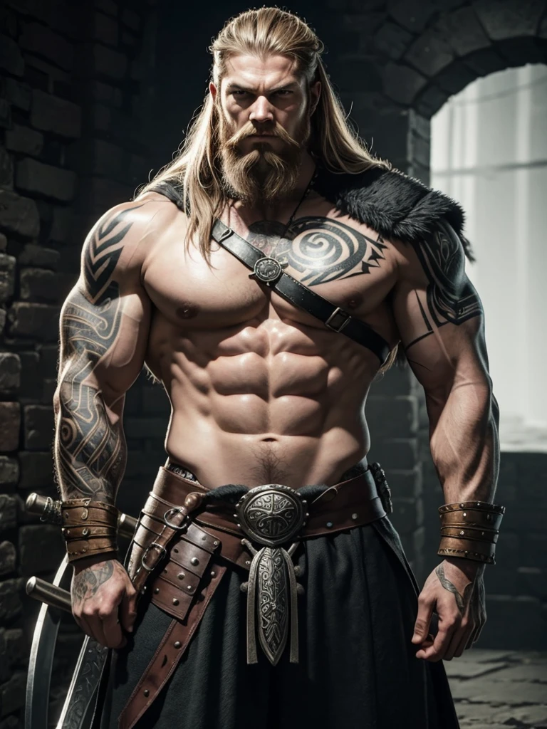 Viking warrior man. with an intense and rude look. tattoos on the body. with big muscles
