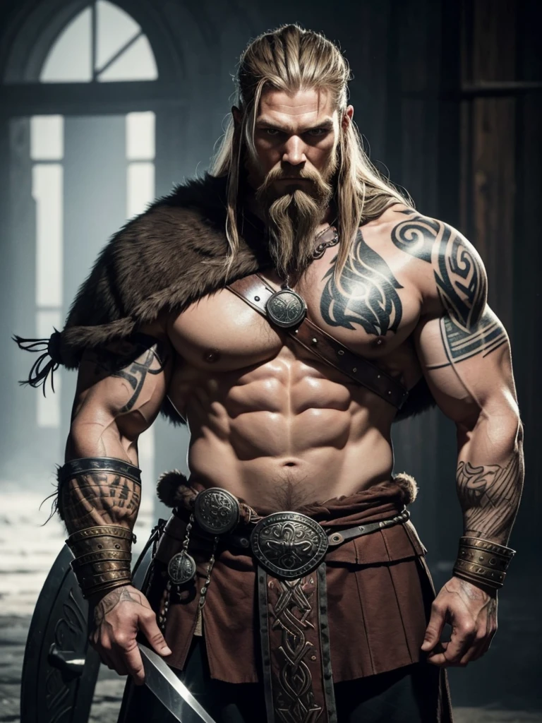 Viking warrior man. with an intense and rude look. tattoos on the body. with big muscles