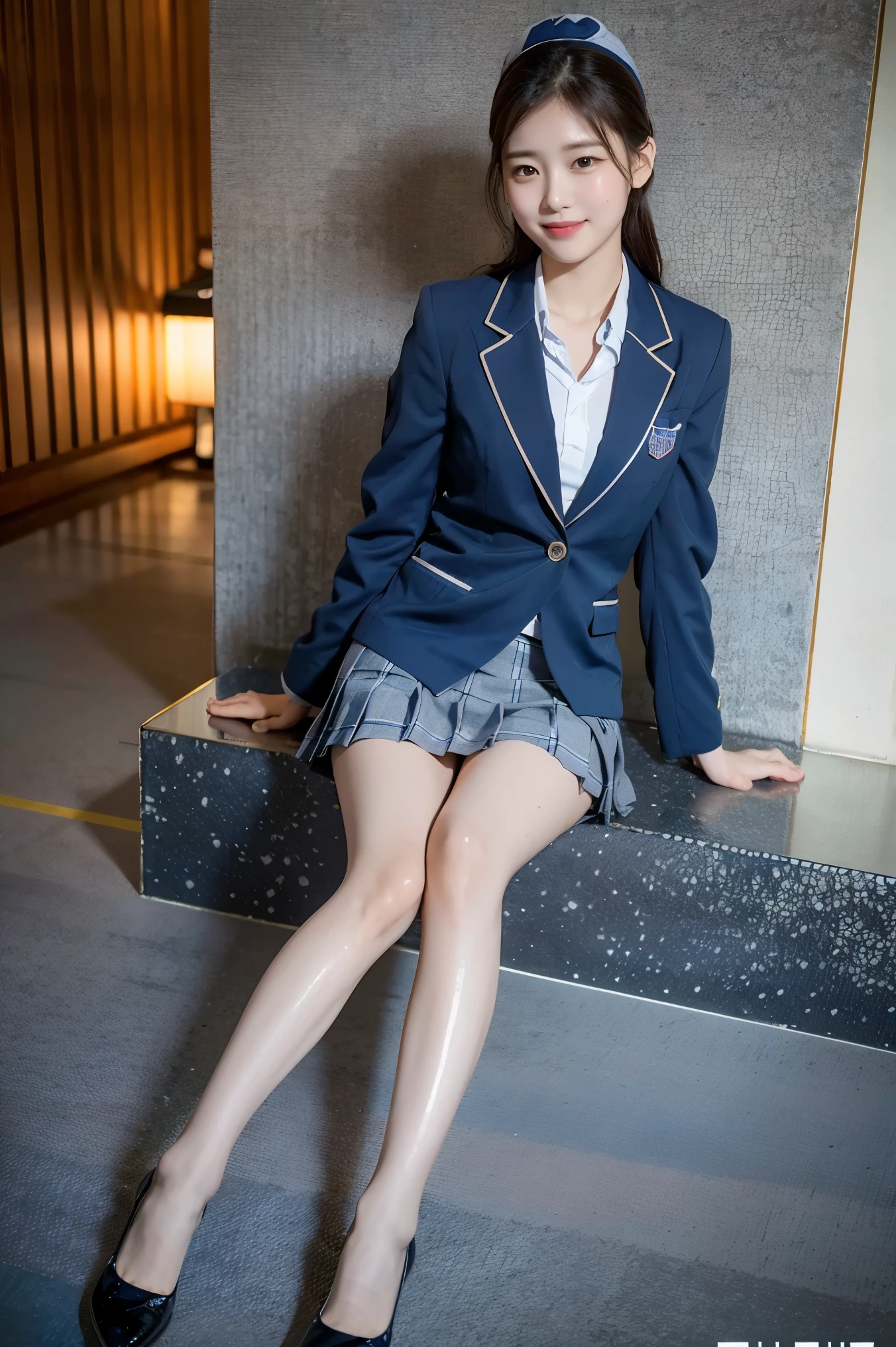(8k), (highest quality: 1.2), (Realistic), (Realistic: 1.37), Ultra-high resolution, (1 girl), cute, blush,Embarrassed smile, Beautiful details, Beautiful Nose, Wet Hair, Giant Dulcefo, pork, Thighs,Self Snap,University Uniforms,(A simple navy blue blazer:1.4),(Pleated skirt:1.2),(The skirt and tie are gray tartan check pattern.:1.3),(Sitting:1), Sit on the ground,(Hold my feet:1),(Shiny legs:1.2),from the front,knees