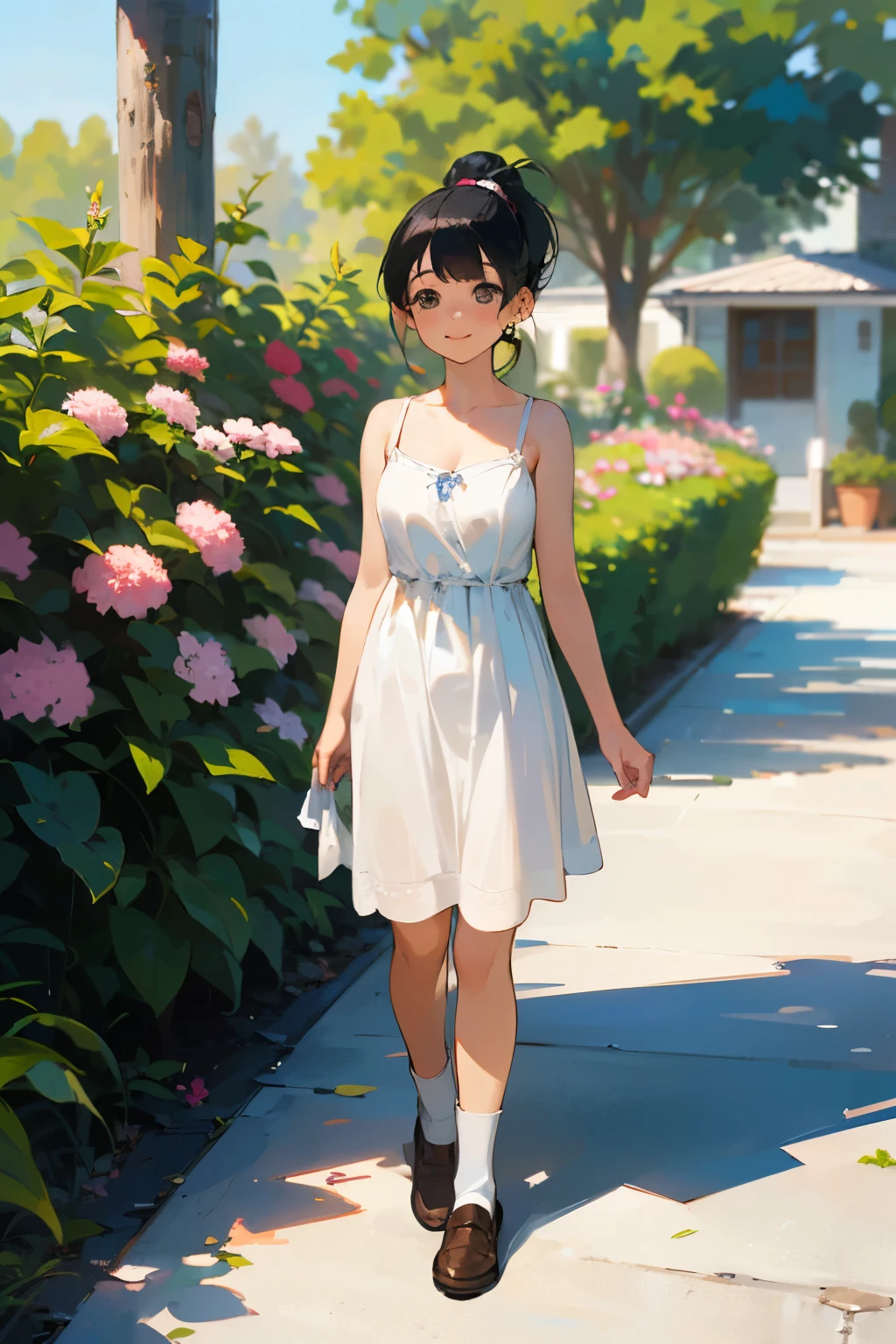 (high quality, High resolution, Very detailed, reality:1.37), Peaceful atmosphere, (Outdoor, garden), Teenage girl standing alone, (my breasts are big.), Beautiful details, Cute Smile, (Black hair ponytail), White camisole dress, White socks, loafers.