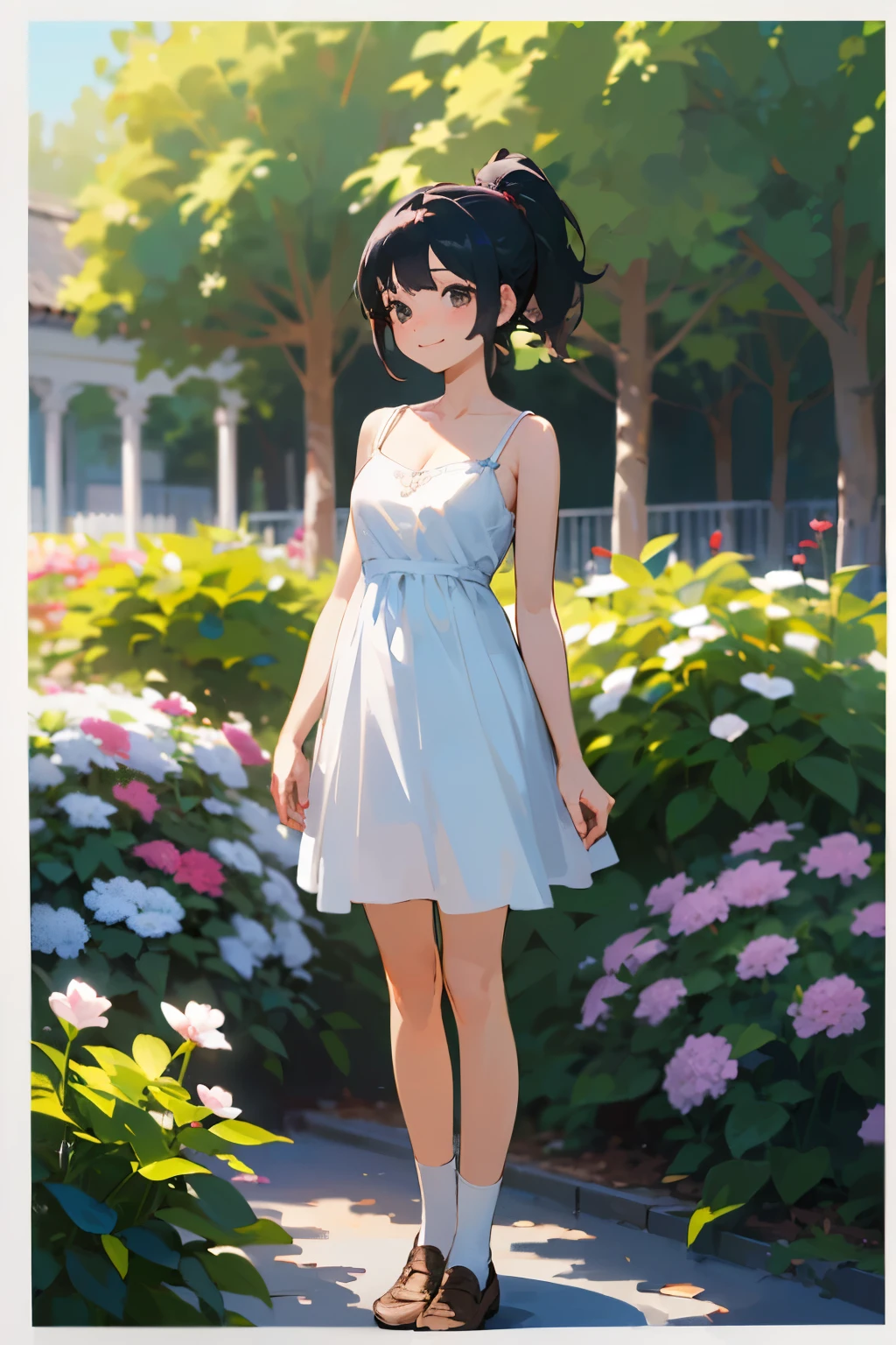 (high quality, High resolution, Very detailed, reality:1.37), Peaceful atmosphere, (Outdoor, garden), age girl standing alone, (my breasts are big.), Beautiful details, Cute Smile, (Black hair ponytail), White camisole dress, White socks, loafers.