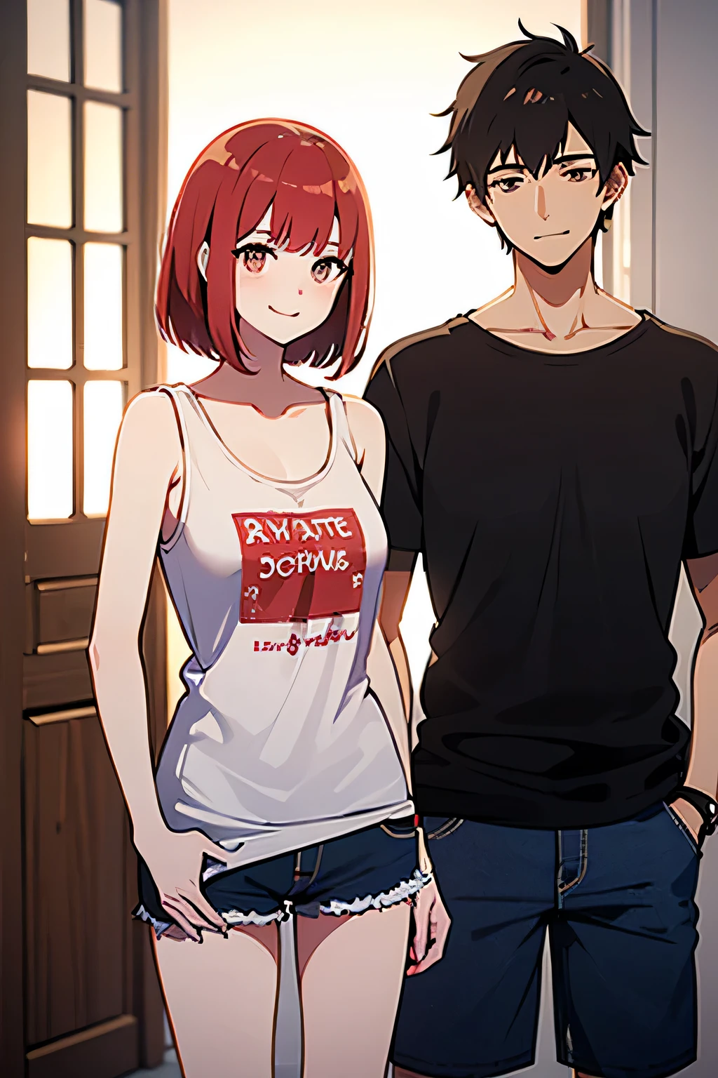 ((Best quality)), ((masterpiece)), (detailed), beautiful girl in tank-top and short jeans with red straight hair smiling shy, (((slim man in loose t-shirt and shorts standing near her))),in their room