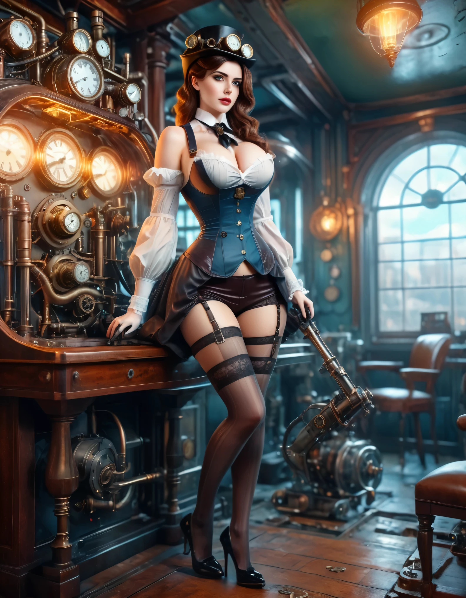 A steampunk fantasy depiction of a woman in stockings and heels, with Victorian-era technology and futuristic elements. Ultra Realistic photo, vibrant colors, 8k