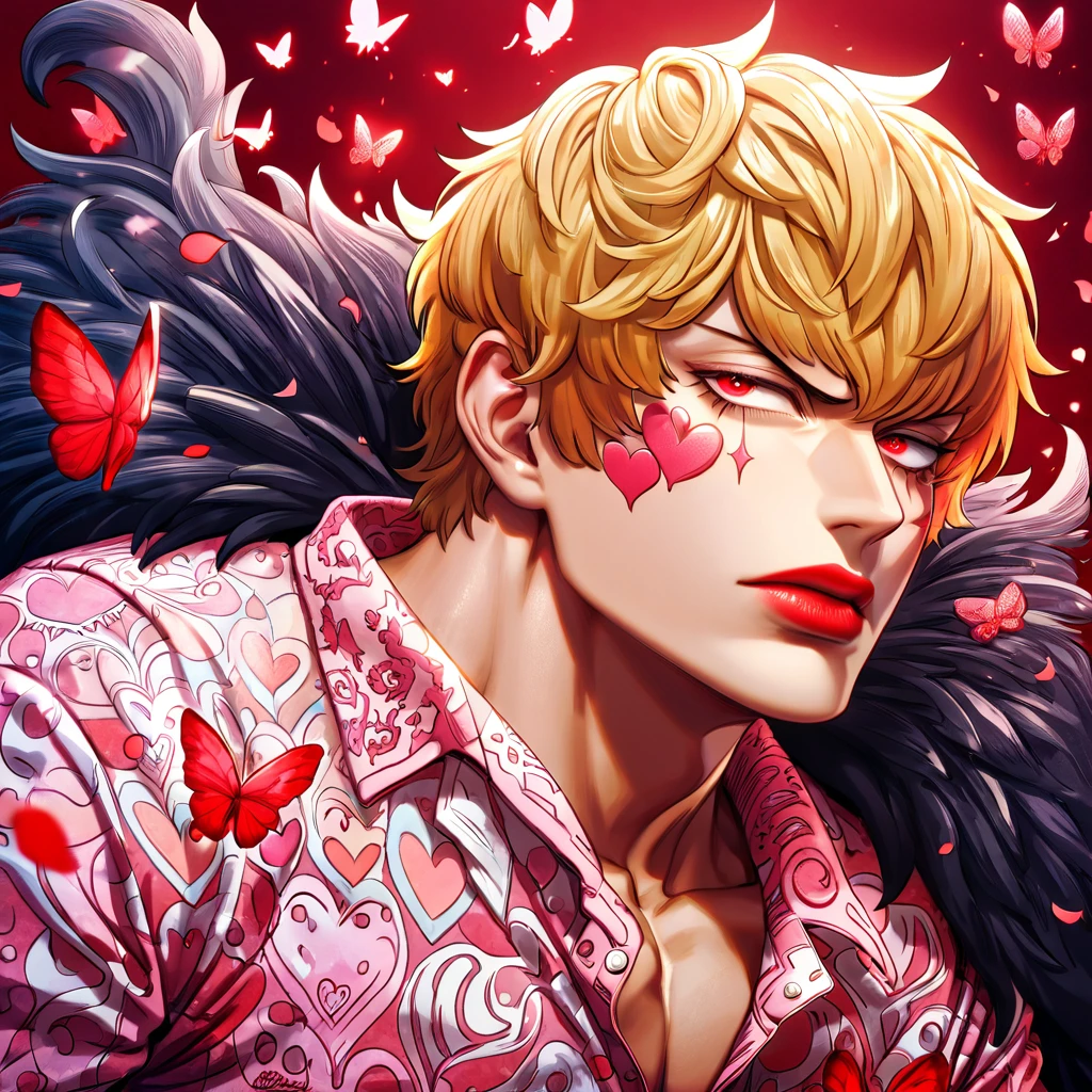 absurdres, highres, ultra detailed, HDR, master piece, best quality, Donquixote Rosinante Corazon, expressive red eyes, blonde hair, One Piece, solo, sexy man, handsome, red lips, black fur cape, pink shirt with heart patterns, magical, fantasy, red roses, red butterflies, red petals, red sky