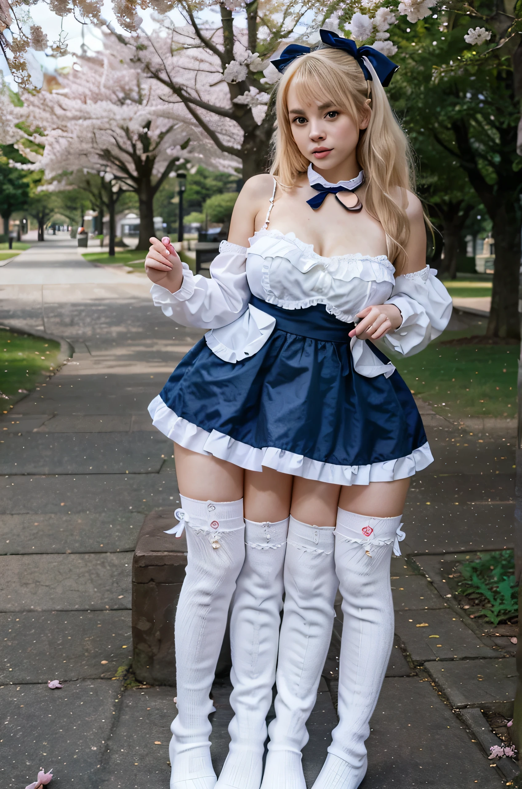 trileg, three-legged girl, age 20, slightly curvy, blonde hair, ****ta fashion, navy blue and white ****ta dress, hair ribbons, white knee high socks, black shoes, in a park surrounded by cherry blossom trees,