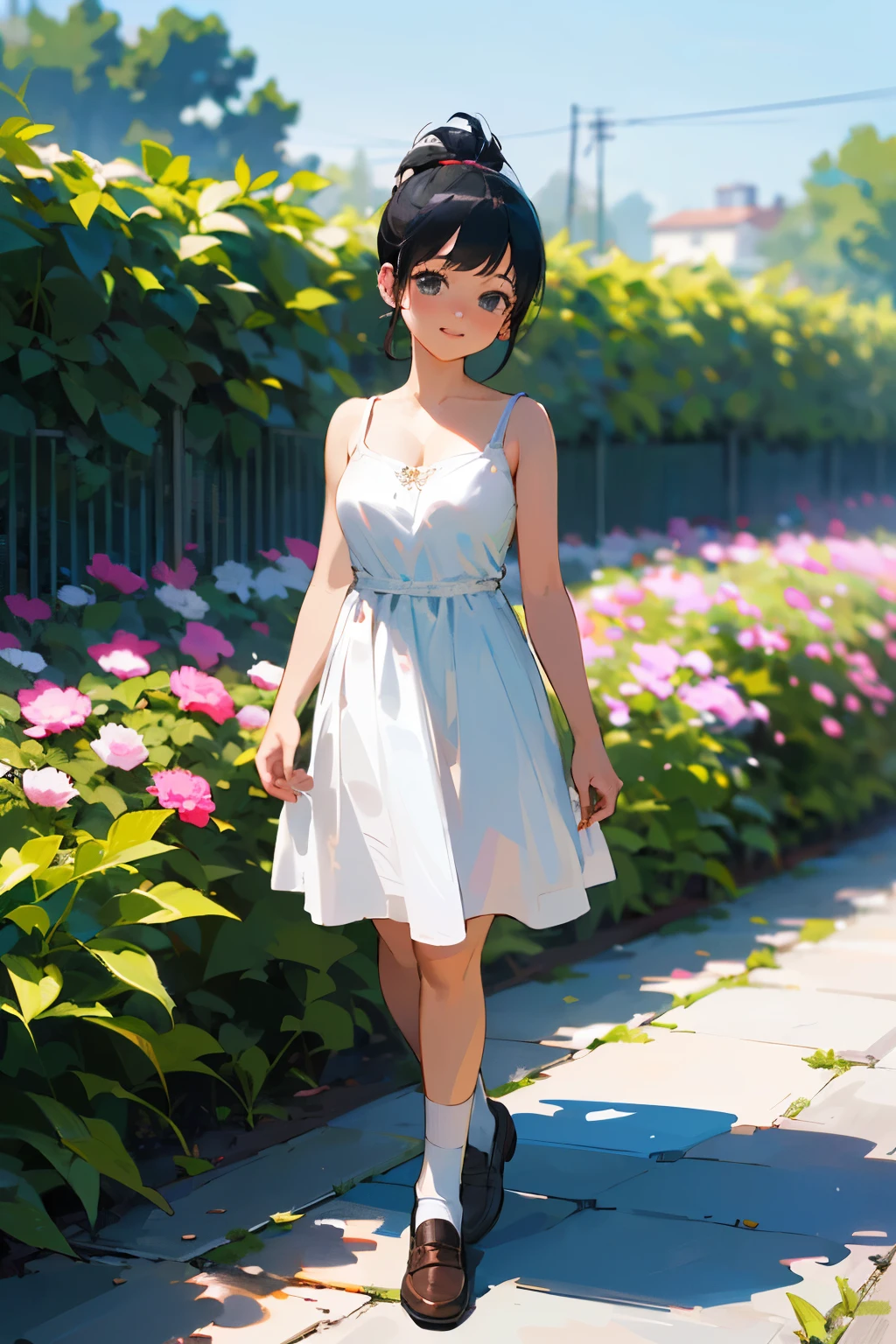 (high quality, High resolution, Very detailed, reality:1.37), Peaceful atmosphere, (Outdoor, garden), age girl standing alone, (my breasts are big.), Beautiful details, Cute Smile, (Black hair ponytail), White camisole dress, White socks, loafers.