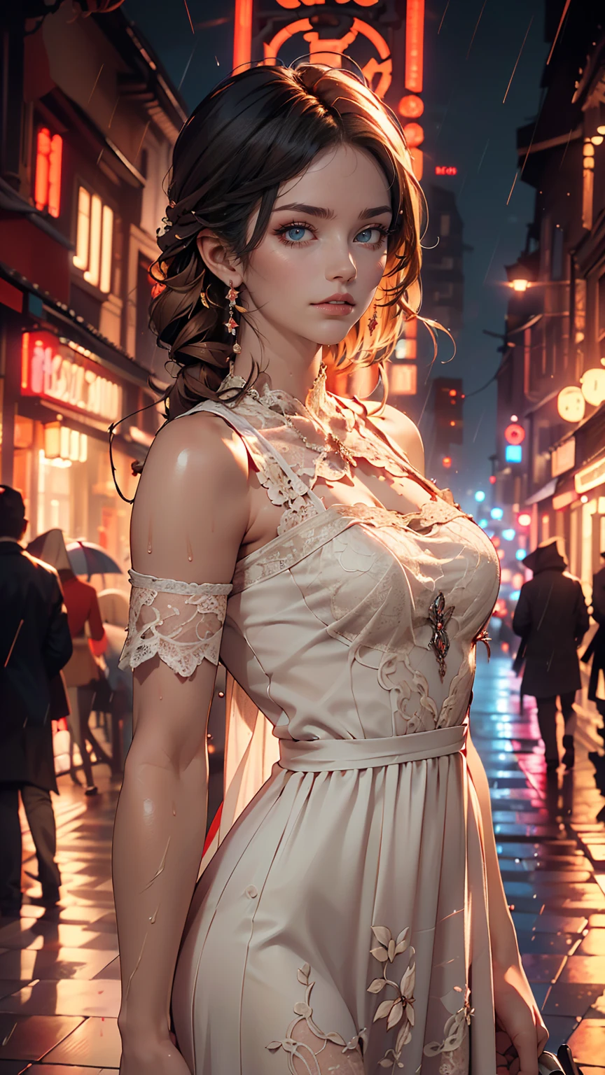 ((highest quality, 8k, lace maxi dress, Standing in the rain, Red Light District, Highly detailed face and skin texture, Fine grain, double eyelid.)