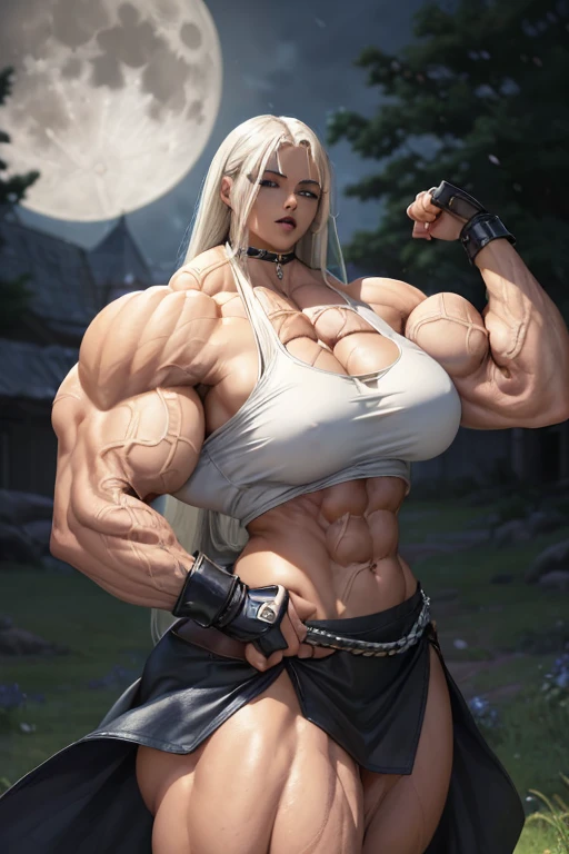 (((((Massive, tall, beautiful, light brown skinned, buff, muscular woman with white hair, black lipstick, glowing blue eyes, ginormous bulky muscles and wearing a white maxi top with pencil miniskirt))))), (close view), (massive muscle), massive biceps, hyper muscle shoulders, vascular shoulders, hyper muscle triceps, (long straight hair), blue eyes, maxi top, (leather gauntlets), pencil miniskirt, chain belt, choker, thigh high heels, (in a moonlit field), fingerless gloves, closed smile, night, hyper vascular arm, hyper muscles arms, hyper muscle legs, massive arms.