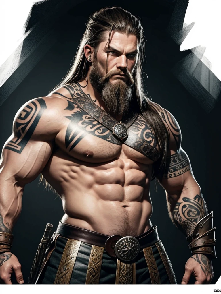 Viking warrior man. with an intense and rude look. tattoos on the body. with big muscles. Style pin up