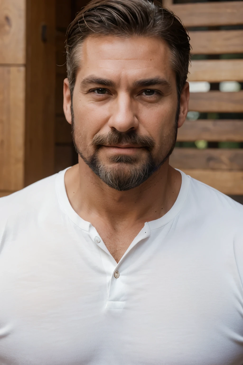 handsome mature man in his 50s,white man with a tanned complexion,(well-defined pecs and arm muscles),facial hair styled into a neatly groomed beard,(intelligent and alluring eyes),a captivating, symmetric face with strong and defined facial features,a confident smirk on his lips,giving off an air of wisdom and rugged charm,beefy build that emanates strength and vitality. Full body, white jeans beard