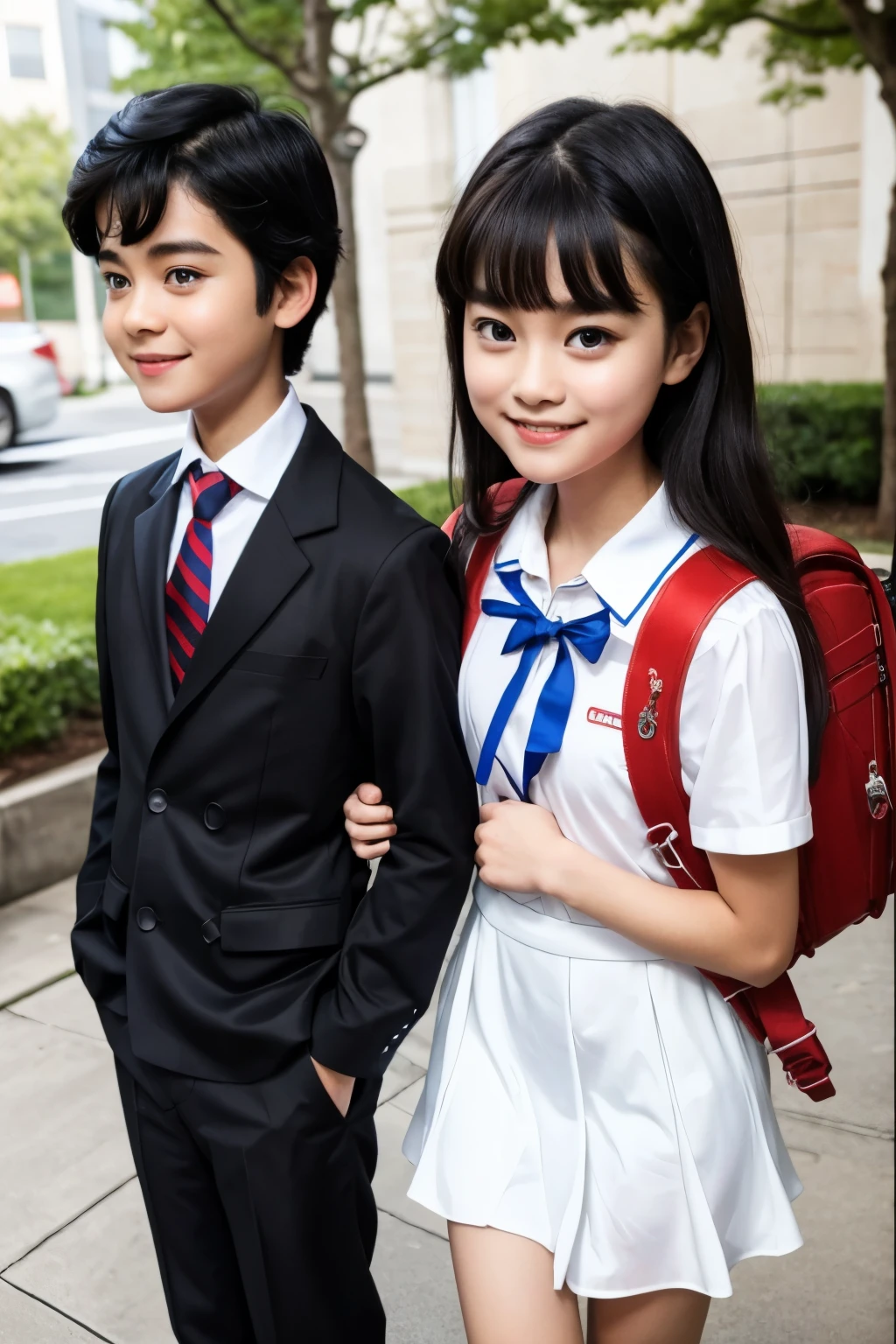 Masterpiece, hd, highschool students, 1girl and 1boy,  school_uniform, standing, outdoor, a couple a boy  and a girl, (1boy, black hair, smilewearing black blazer, white collared shirt, necktie, standing), (1girl, black hair, short hair, smile, wear white dress, blue tie, carries  red backpack, standing), (couple:1.2), holding hands