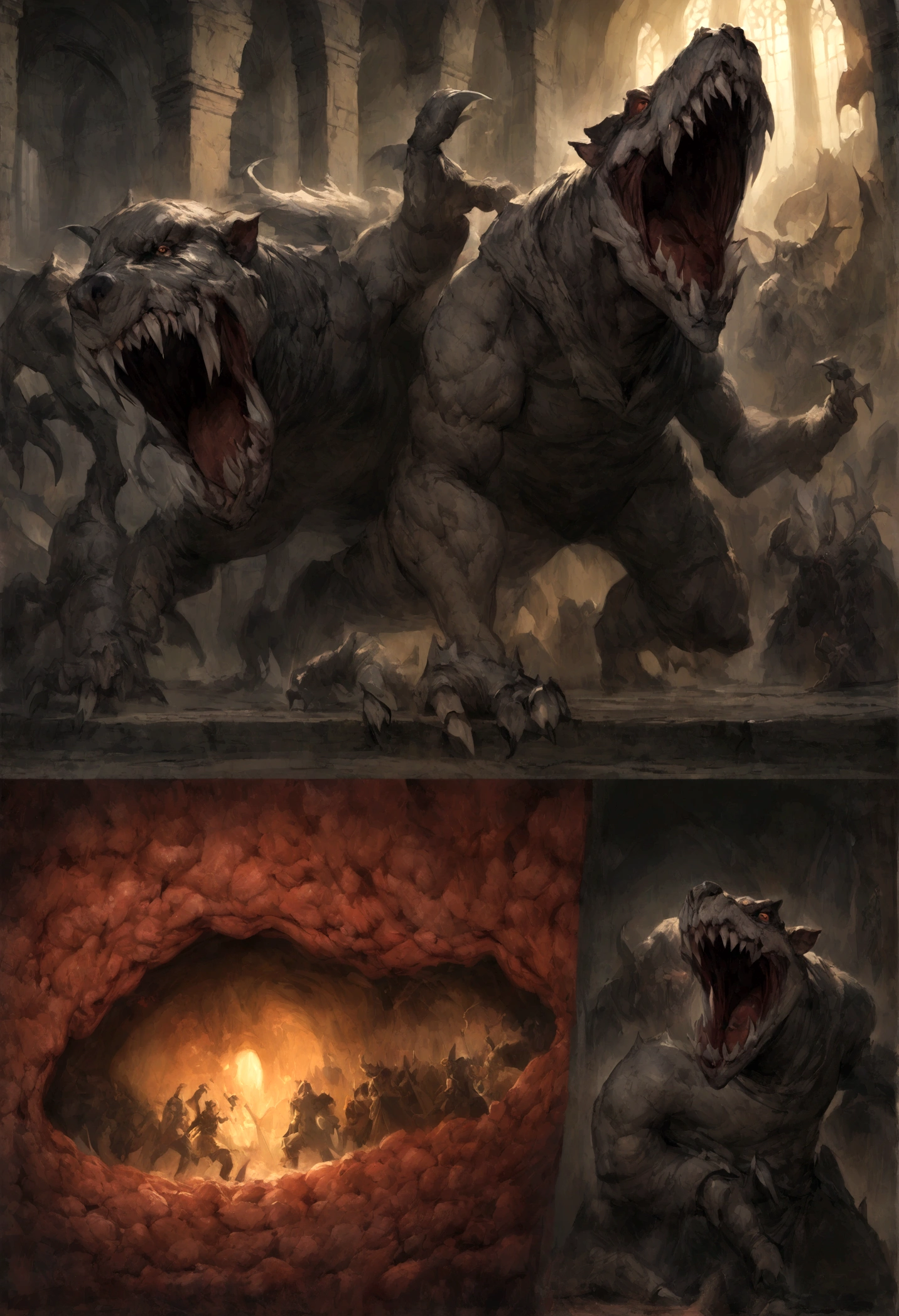 cavalier, Demons, Two monsters, cross-section,illustration, Details of the interior of the castle, Gloomy atmosphere, Middle Ages style, Dim lighting, Stone walls, Spooky shadows, Mystical Artifacts, Combat posture, Intense action, Fierce expression, Menacing claws, Sharp teeth, Menacing presence, Ominous feeling, High-quality rendering, Super detailed characters, Realistic textures, dark palette, Dramatic lighting,Game levels
