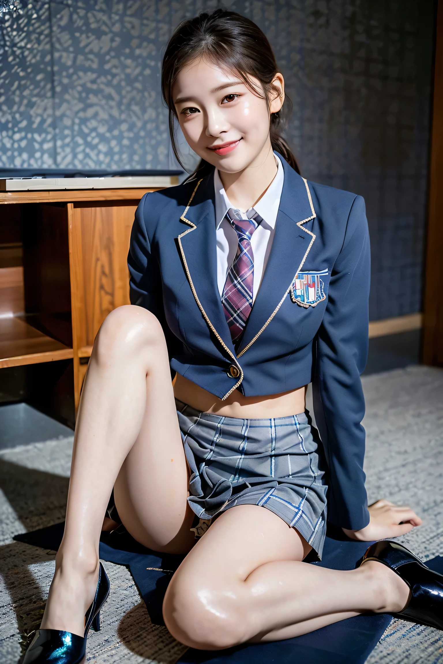 (8k), (highest quality: 1.2), (Realistic), (Realistic: 1.37), Ultra-high resolution, (1 girl), cute, blush,Embarrassed smile, Beautiful details, Beautiful Nose, Wet Hair, Giant Dulcefo, pork, Thighs,Self Snap,University Uniforms,(A simple navy blue blazer:1.4),(Pleated skirt:1.2),(The skirt and tie are gray tartan check pattern.:1.3),(Sitting:1), Sit on the ground,(Hold my feet:1),(Shiny legs:1.2),from the front,knees,bright