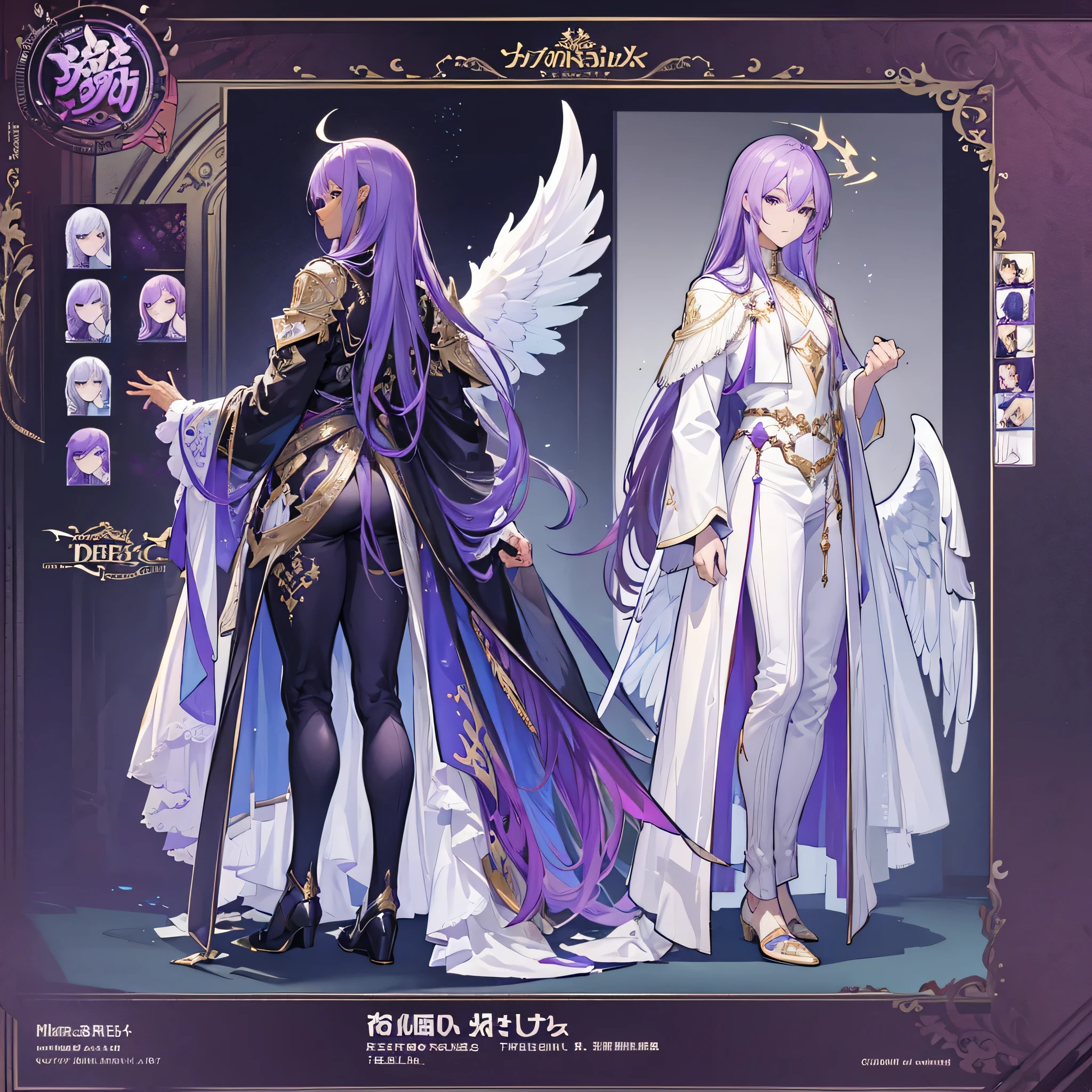 (Masterpiece, best quality), detailed, 1 man, ((character concept art)), ((character design sheet, same character, front, side, back)), full body, body complete, 1 Male, 1 Man, Detailed face, character design sheet，full bodyesbian, Highly detailed, character sheet, character design, Many parts, dark skin, angel wings, long purple hair, male angel outfit, masculine, muscle male god, muscle man, male muscle, manly, male angel, Muscle male with purple long hair