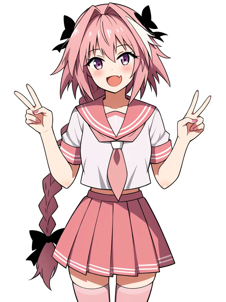 score_9, score_8_up, score_7_up, score_6_up, score_5_up, score_4_up, rating_safe
BREAK
astolfo \(fate\), otoko no ko, pink hair, braid,
BREAK
solo, standing, pink serafuku, white shirt, pink thighhighs, pink skirt, peace sign,
BREAK
white background, 