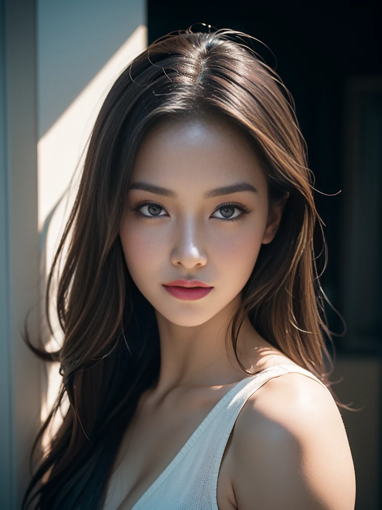 (masterpiece, best quality:1.2), (8k uhd, 16k, 32k, ultra high res), (photorealistic:1.37), (RAW photo), ultimate-realistic, ultimate-realistic details, ultimate-realistic texture, ultimate-intricate details, ultimate-realistic lighting, ultimate-realistic shadow, japanese girl, 24yo, ultimate-cute face, ultimate-RAW skin, ultimate-eyes, ((quite a bit body)), hyper-realistic photograph of a captivating woman, The woman is portrayed in a full bright setting, her features bathed in a soft, diffused glow that accentuates the delicate nuances of her expression, bright glowing skin, The scene features a female, leaning against a wall with her arms raised, eyes closed in a moment of raw emotion. Her attire is minimal, accentuating the curves of her body and the dramatic shadows cast by the lighting. The background is stark, with sharp contrasts highlighting the contours of her form. The blue and black palette intensifies the mood, evoking a sense of mystery and allure. Subtle film grain and meticulous shading add depth and texture, emphasizing the emotional gravity of the scene. The lighting creates a chiaroscuro effect, accentuating her expressive pose and the intense atmosphere, 1girl, upper body, Scandinavia girl, detailed cute smilling face, cute eyes, detailed pure red lips, highly detailed waist medium red wavy hair, sleeping in bed,
