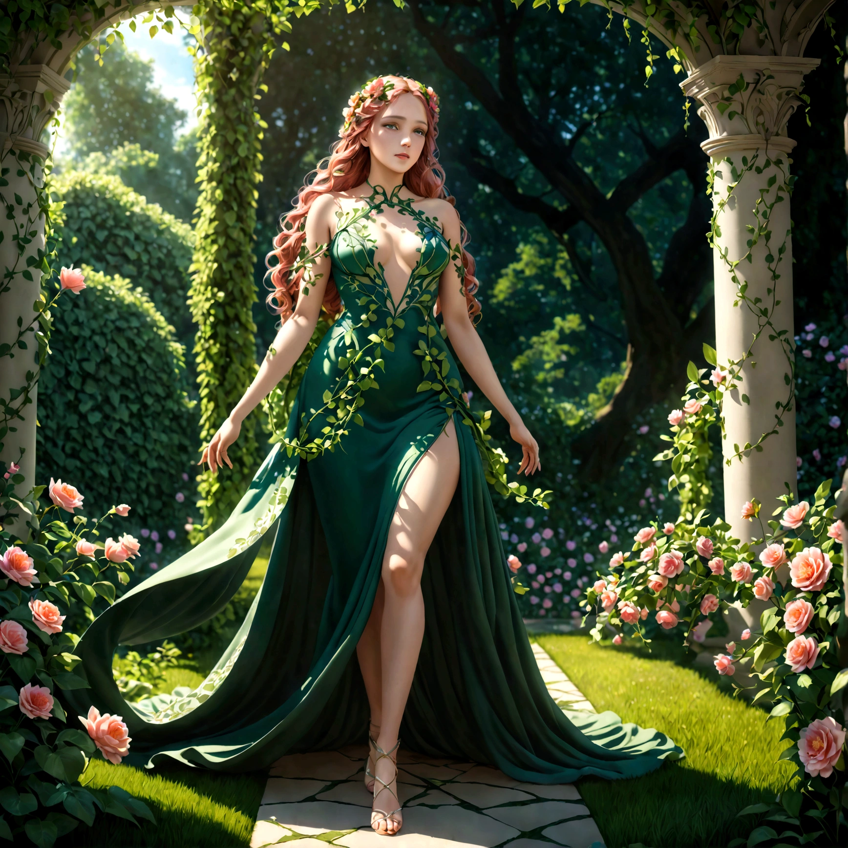 a goddess persephone, elegant intricate floral dress, flowing greenery leaves vines, blooming flowers, lush verdant garden setting, dramatic dramatic lighting, dramatic cinematic atmosphere, hyperrealistic, photorealistic, 8k, ultra-detailed, masterpiece, cinematic lighting, dramatic colors, vivid colors, dramatic shadows, dynamic pose