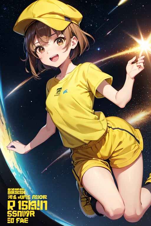 Anime drawings、Full body portrait、Space Sci-Fi Soldier、A female soldier, about 20 years old, about 160cm tall, wearing a yellow T-shirt and shorts, running、Laughing with mouth open、Wearing a yellow cap on his head、Short medium hairstyle、Brown Hair、Brown eyes、sports boots